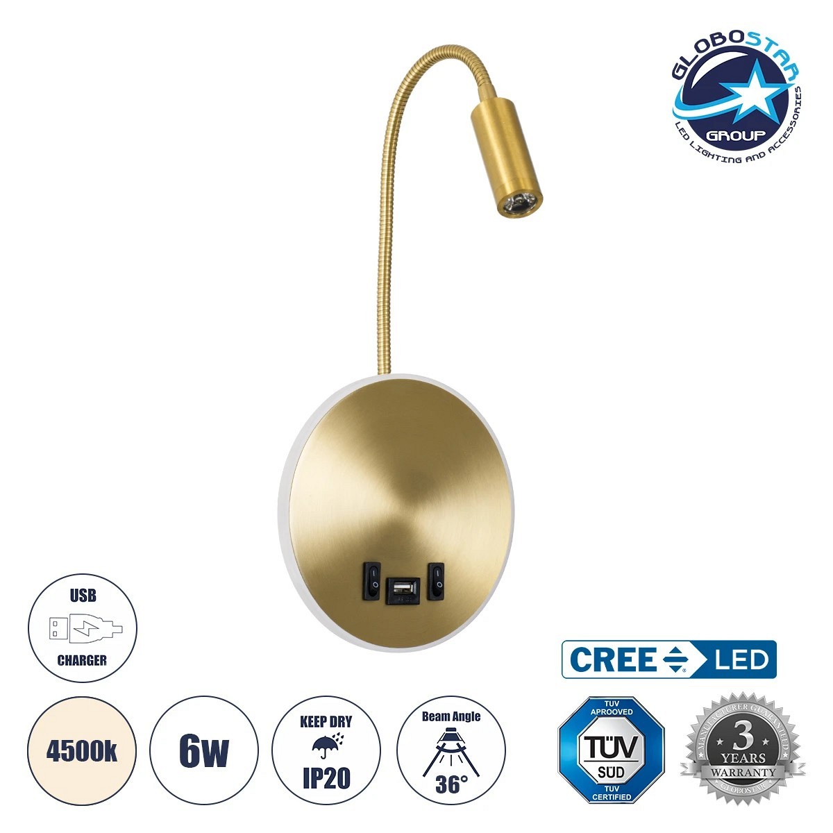 GLOBOSTAR® GOOSE 60885 Μοντέρνο Φωτιστικό Τοίχου - Απλίκα Ξενοδοχείου Reading Light με Φορτιστή USB 3A LED 6W 600lm 36° & 360° AC 220-240V IP20 Φυσικό Λευκό 4500K - Bridgelux COB Chip & TÜV SÜD Driver - Χρυσό Πλατίνα - Μ15.5 x Π22.5 x Υ30cm - 3 Χρόνια Εγγ