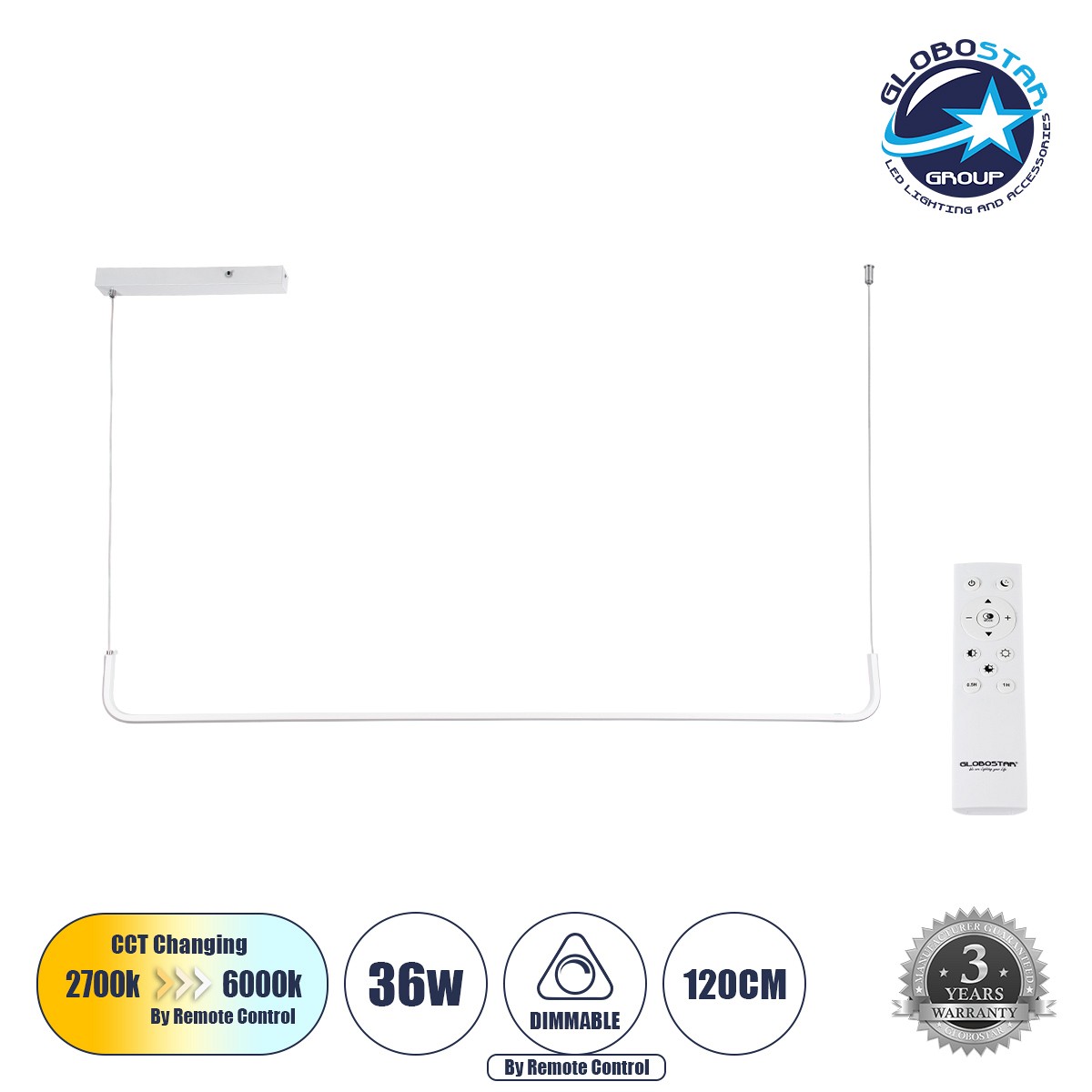 GLOBOSTAR® LINARIA 60922 Μοντέρνο Κρεμαστό Φωτιστικό Οροφής LED 36W 4150lm 200° AC 220-240V IP20 Ρυθμιζόμενο Λευκό CCT με Χειριστήριο από 2700K έως 6000K Dimmable - Lumileds SMD Chip - Λευκό Ματ - Μ120 x Π2 x Υ10cm - 3 Χρόνια Εγγύηση