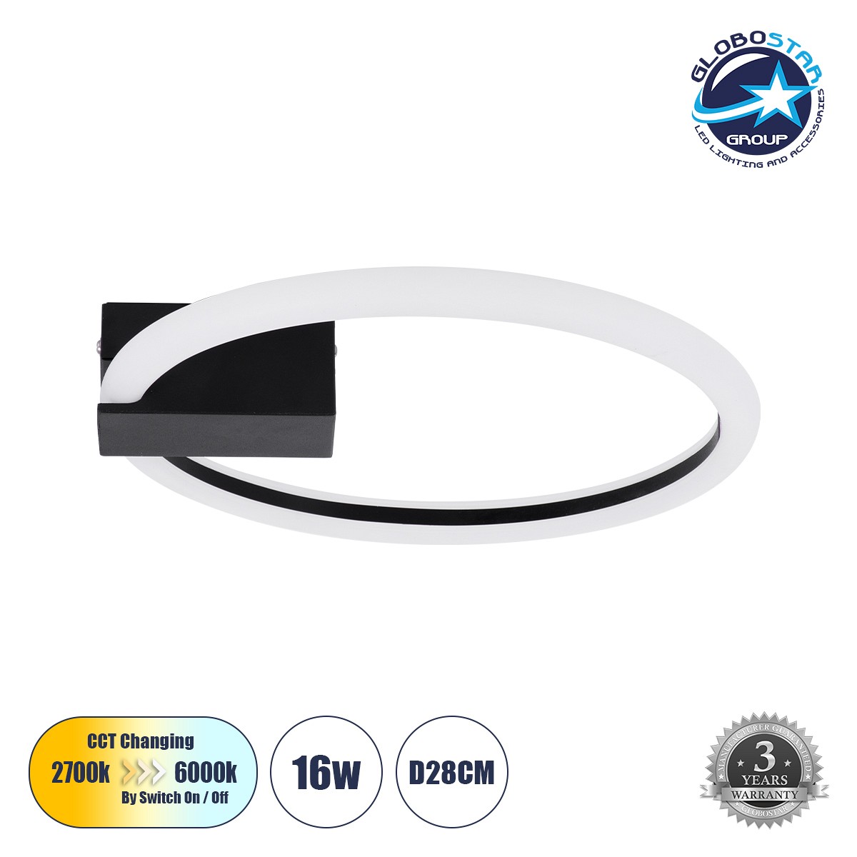 GLOBOSTAR® CINDERELLA 60976 Μοντέρνο Φωτιστικό Οροφής LED 16W 1792lm 360° AC 220-240V IP20 Ρυθμιζόμενο Λευκό CCT με On/Off 2700K/4500K/6000K - Lumileds SMD Chip - Μαύρο Ματ - Μ28.5 x Π28.5 x Υ5cm - 3 Χρόνια Εγγύηση