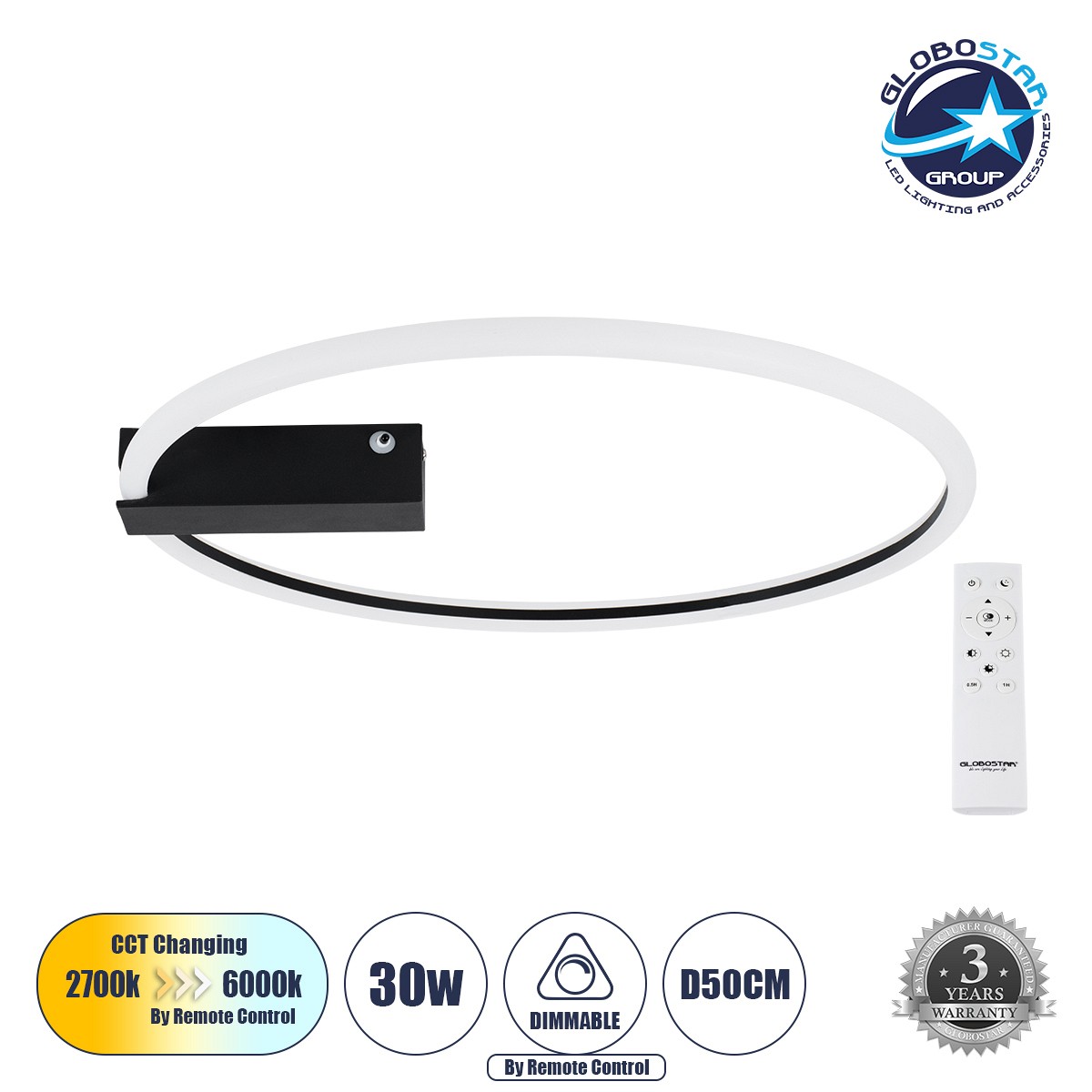 GLOBOSTAR® CINDERELLA 60980 Μοντέρνο Φωτιστικό Οροφής LED 30W 3360lm 360° AC 220-240V IP20 Ρυθμιζόμενο Λευκό CCT με Χειριστήριο από 2700K έως 6000K Dimmable - Lumileds SMD Chip - Μαύρο Ματ - Μ50 x Π50 x Υ5cm - 3 Χρόνια Εγγύηση