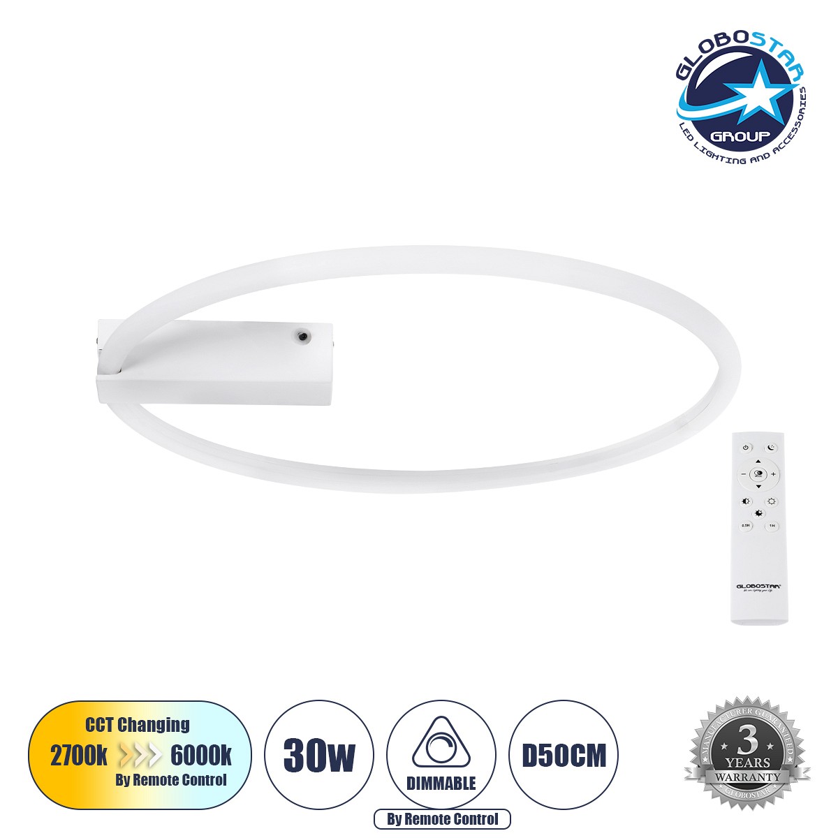GLOBOSTAR® CINDERELLA 60981 Μοντέρνο Φωτιστικό Οροφής LED 30W 3360lm 360° AC 220-240V IP20 Ρυθμιζόμενο Λευκό CCT με Χειριστήριο από 2700K έως 6000K Dimmable - Lumileds SMD Chip - Λευκό Ματ - Μ50 x Π50 x Υ5cm - 3 Χρόνια Εγγύηση