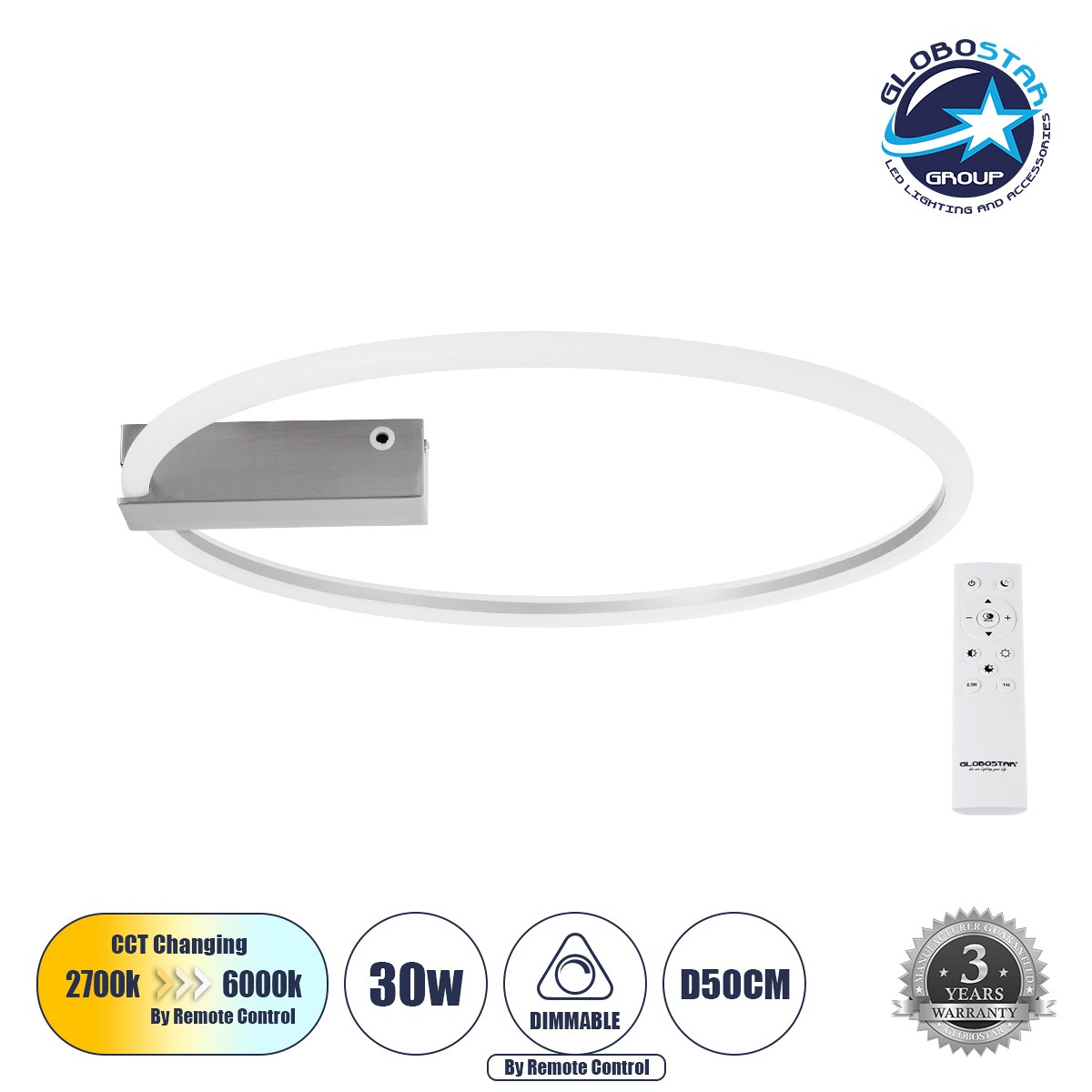 GLOBOSTAR® CINDERELLA 60983 Μοντέρνο Φωτιστικό Οροφής LED 30W 3360lm 360° AC 220-240V IP20 Ρυθμιζόμενο Λευκό CCT με Χειριστήριο από 2700K έως 6000K Dimmable - Lumileds SMD Chip - Νίκελ Βούρτσας - Μ50 x Π50 x Υ5cm - 3 Χρόνια Εγγύηση