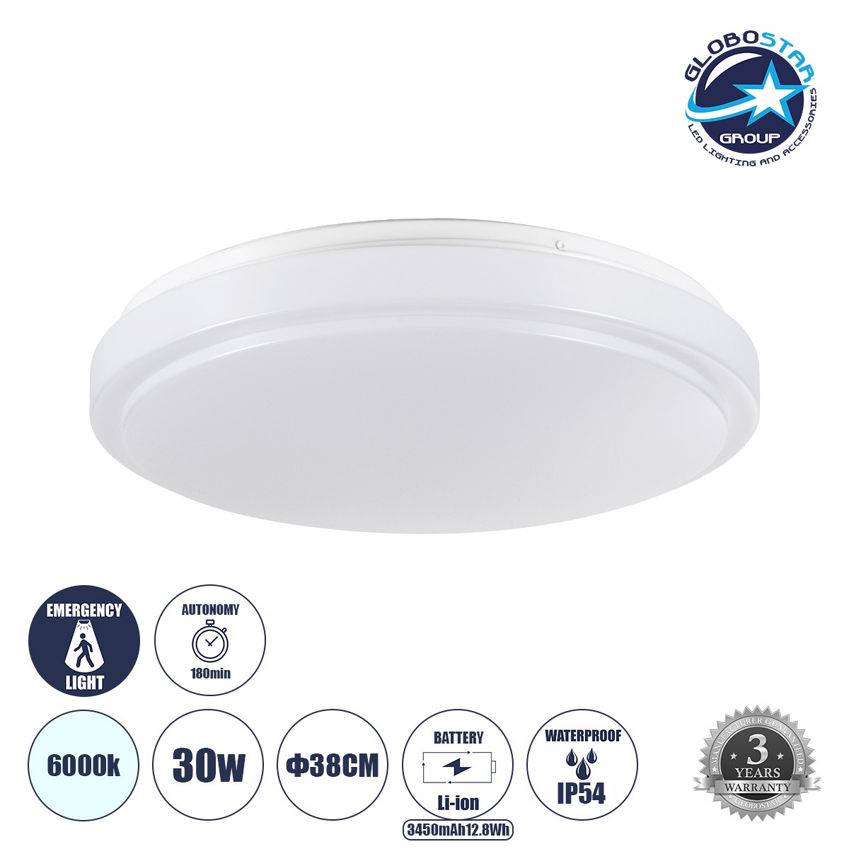 GLOBOSTAR® EMERGANO 60992 Φωτιστικό Πλαφονιέρα Οροφής με Ενσωματωμένο Σύστημα Emergency Li-ion 3450mAh/12.8Wh με Αυτονομία 3hrs LED 30W 3000lm 120° AC 220-240V Αδιάβροχο IP54 Ψυχρό Λευκό 6000K - Lumileds SMD Chip - Λευκό Γαλακτερό - Μ38 x Π38 x Υ5.3cm - 3