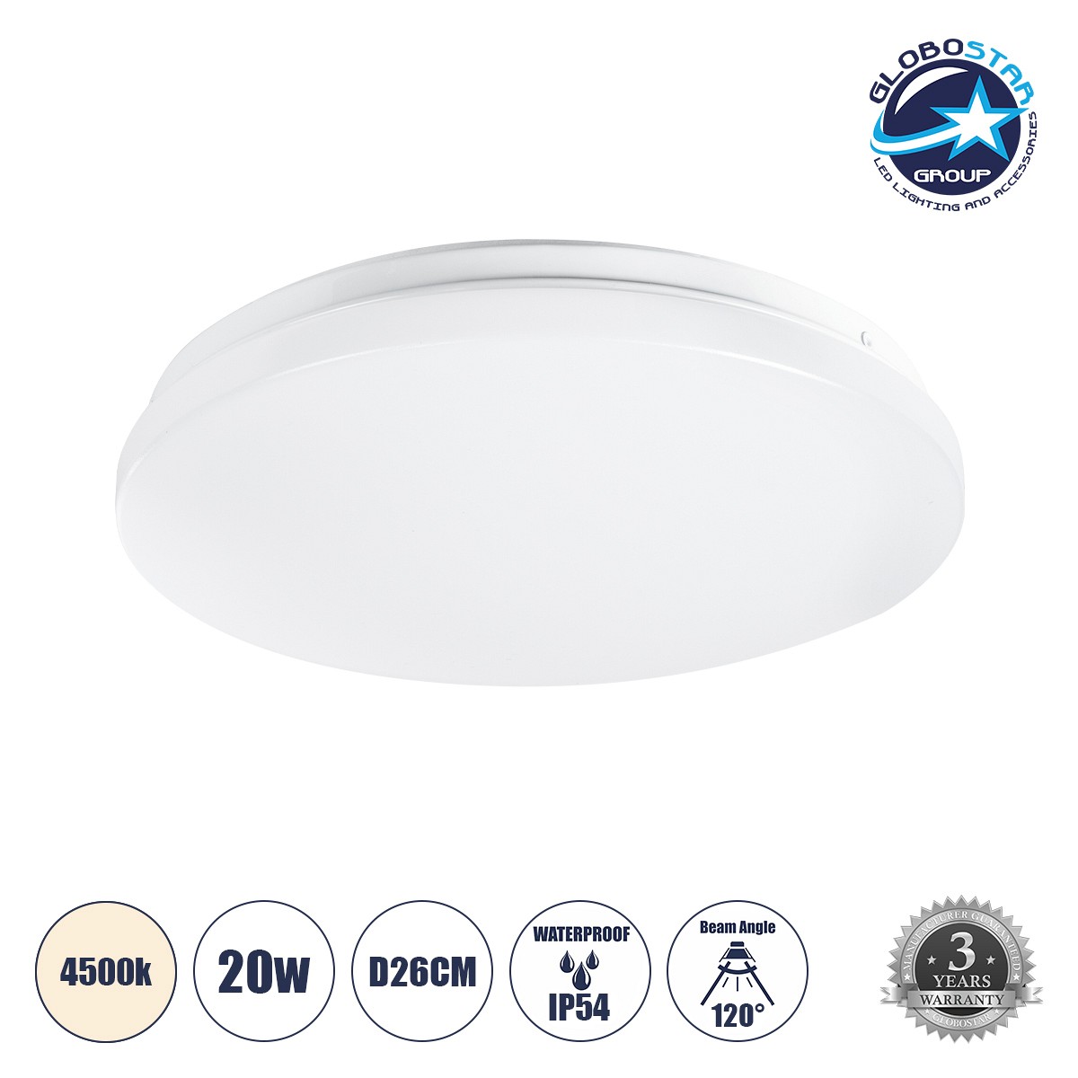 GLOBOSTAR® CELANO 61006 Φωτιστικό Πλαφονιέρα Οροφής LED 20W 1900lm 120° AC 220-240V Αδιάβροχο IP54 Φυσικό Λευκό 4500K - Lumileds SMD Chip - Λευκό Γαλακτερό - Μ26 x Π26 x Υ6cm - 3 Χρόνια Εγγύηση