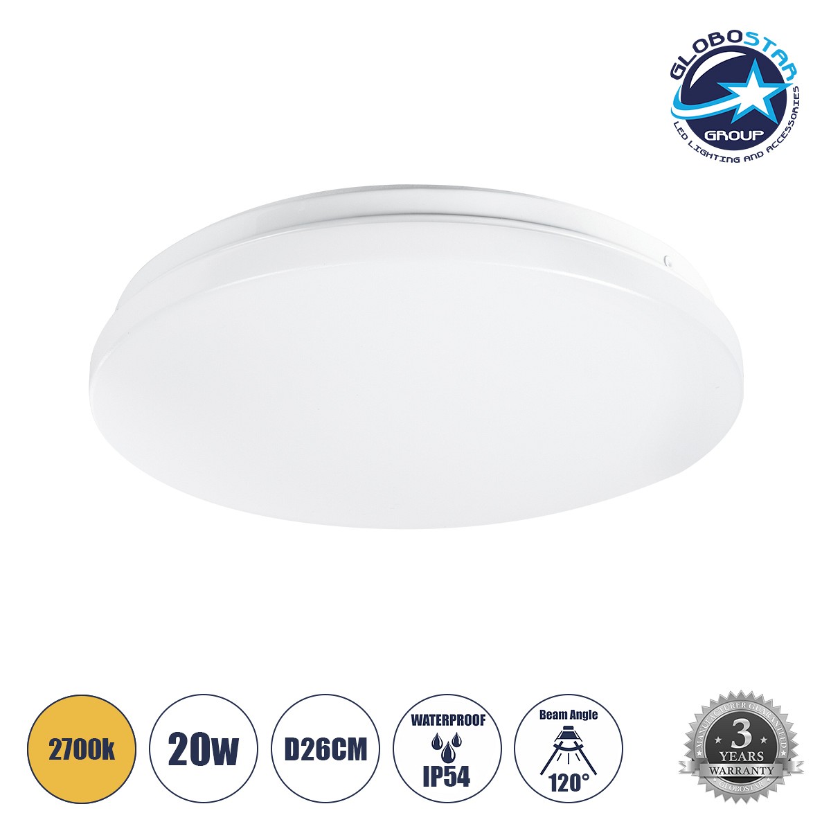 GLOBOSTAR® CELANO 61007 Φωτιστικό Πλαφονιέρα Οροφής LED 20W 1800lm 120° AC 220-240V Αδιάβροχο IP54 Θερμό Λευκό 2700K - Lumileds SMD Chip - Λευκό Γαλακτερό - Μ26 x Π26 x Υ6cm - 3 Χρόνια Εγγύηση