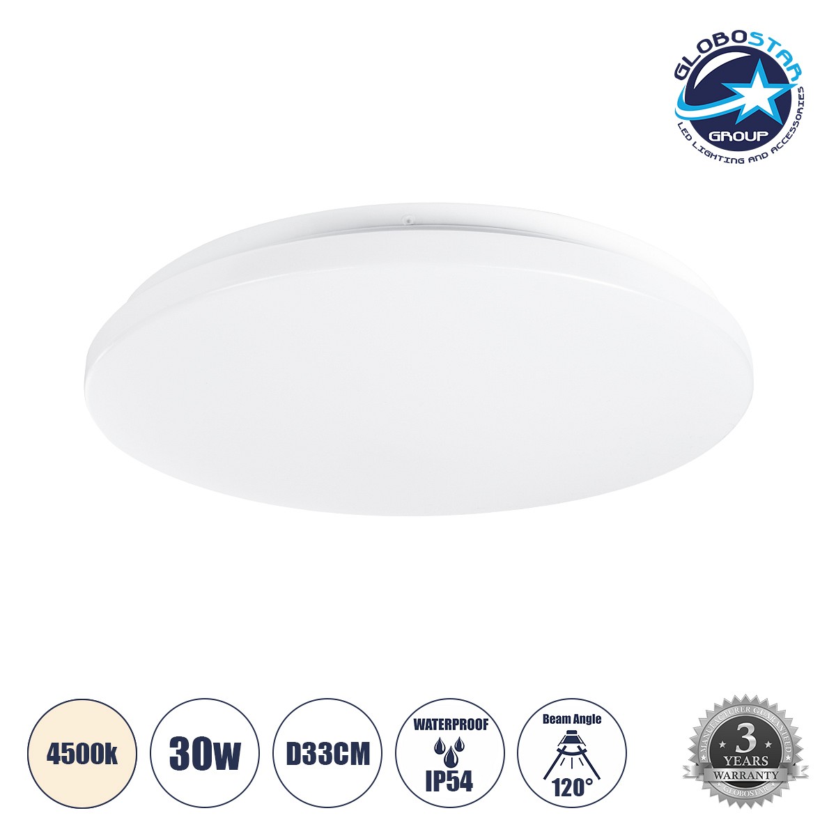 GLOBOSTAR® CELANO 61009 Φωτιστικό Πλαφονιέρα Οροφής LED 30W 2850lm 120° AC 220-240V Αδιάβροχο IP54 Φυσικό Λευκό 4500K - Lumileds SMD Chip - Λευκό Γαλακτερό - Μ33 x Π33 x Υ6cm - 3 Χρόνια Εγγύηση
