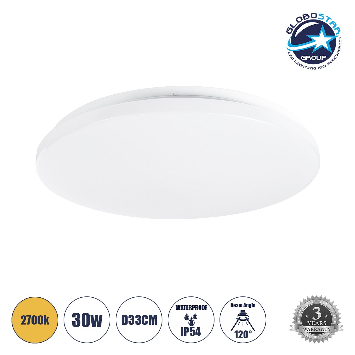 GLOBOSTAR® CELANO 61010 Φωτιστικό Πλαφονιέρα Οροφής LED 30W 2700lm 120° AC 220-240V Αδιάβροχο IP54 Θερμό Λευκό 2700K - Lumileds SMD Chip - Λευκό Γαλακτερό - Μ33 x Π33 x Υ6cm - 3 Χρόνια Εγγύηση