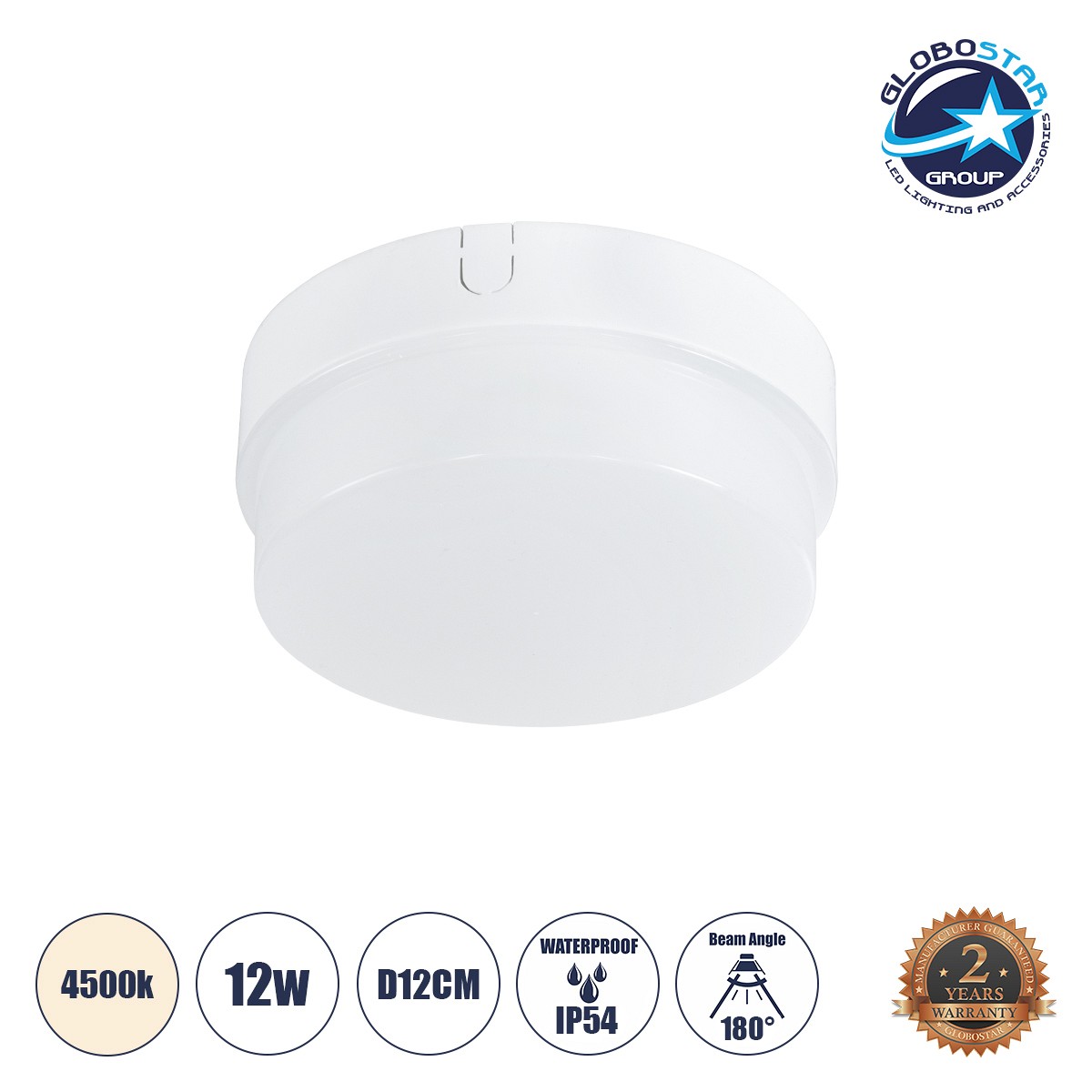 GLOBOSTAR® REVANO 61012 Φωτιστικό Πλαφονιέρα Οροφής LED 12W 1140lm 180° AC 220-240V Αδιάβροχο IP54 Φυσικό Λευκό 4500K - Lumileds SMD Chip - Λευκό Γαλακτερό - Μ12 x Π12 x Υ4.5cm - 2 Χρόνια Εγγύηση