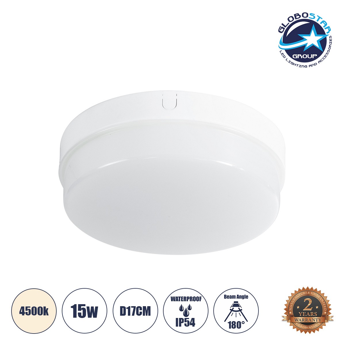 GLOBOSTAR® REVANO 61015 Φωτιστικό Πλαφονιέρα Οροφής LED 15W 1425lm 180° AC 220-240V Αδιάβροχο IP54 Φυσικό Λευκό 4500K - Lumileds SMD Chip - Λευκό Γαλακτερό - Μ17 x Π17 x Υ5cm - 2 Χρόνια Εγγύηση
