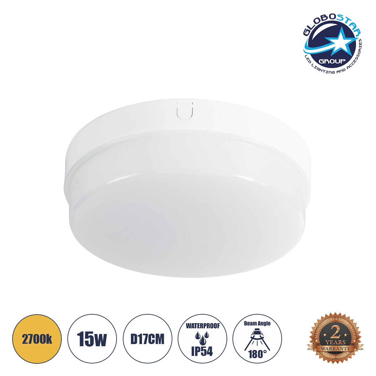 GLOBOSTAR® REVANO 61016 Φωτιστικό Πλαφονιέρα Οροφής LED 15W 1350lm 180° AC 220-240V Αδιάβροχο IP54 Θερμό Λευκό 2700K - Lumileds SMD Chip - Λευκό Γαλακτερό - Μ17 x Π17 x Υ5cm - 2 Χρόνια Εγγύηση