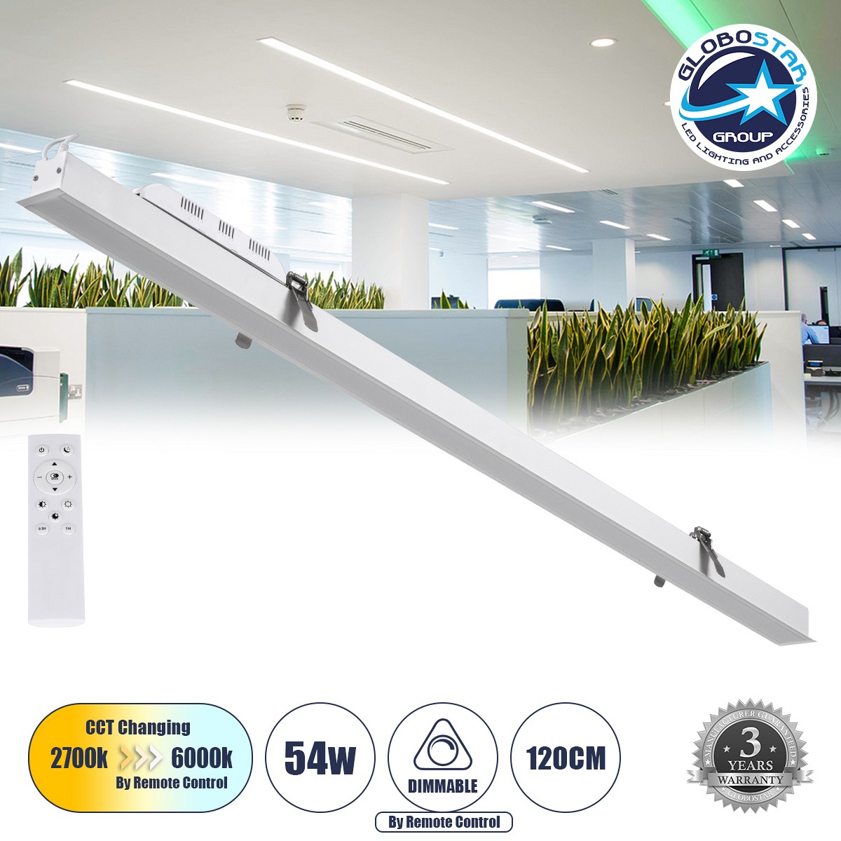 GLOBOSTAR® LUCA 61033 Μοντέρνο Φωτιστικό Οροφής LED 54W 6500lm 120° AC 220-240V IP20 Ρυθμιζόμενο Λευκό CCT με Χειριστήριο από 2700K έως 6000K Dimmable - Lumileds SMD Chip - Λευκό Ματ - Μ121.5 x Π5 x Υ4cm - 3 Χρόνια Εγγύηση