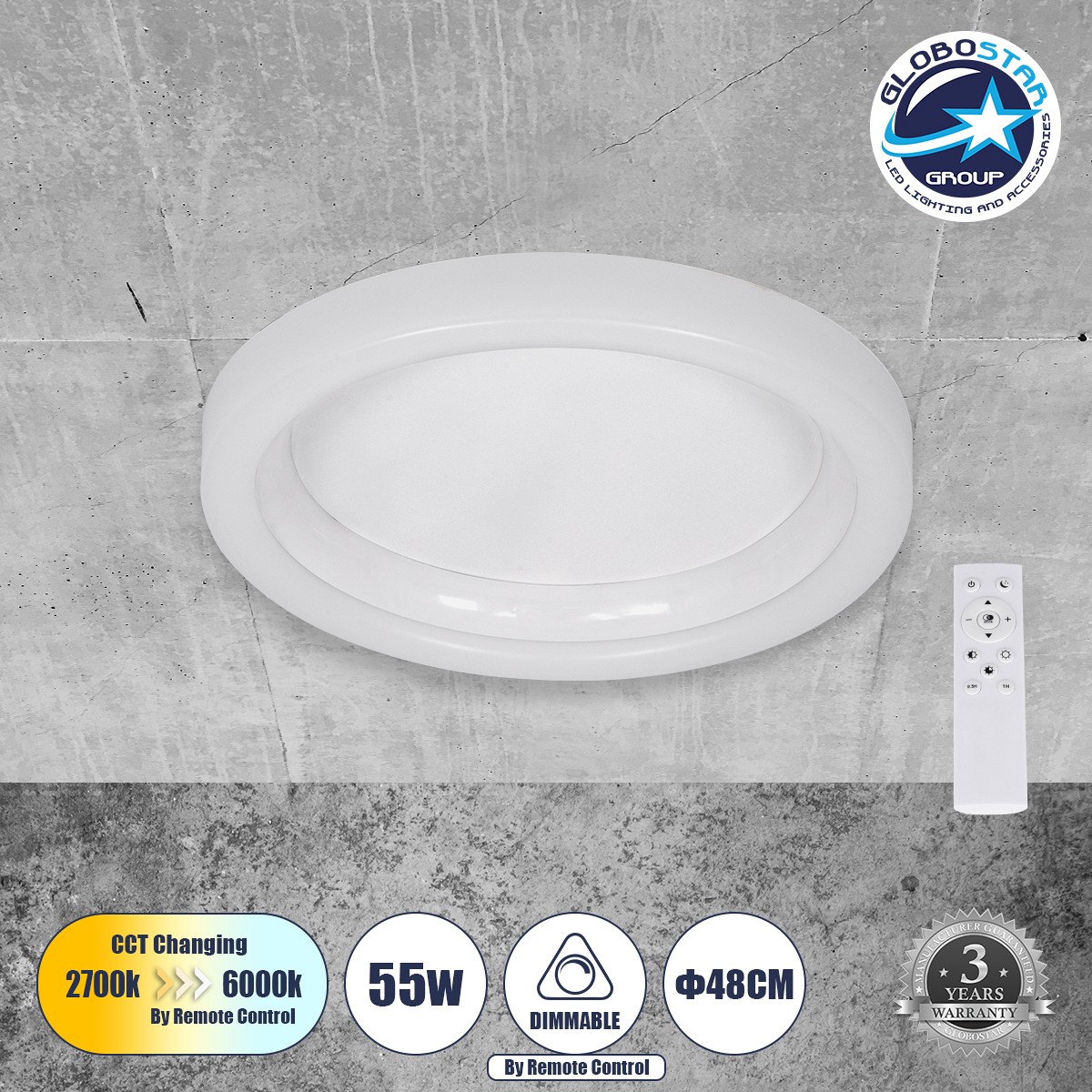 GLOBOSTAR® ARIANA 61035 Μοντέρνο Φωτιστικό Οροφής LED 55W 6376lm 120° AC 220-240V IP20 Ρυθμιζόμενο Λευκό CCT με Χειριστήριο από 2700K έως 6000K Dimmable - Lumileds SMD Chip - Λευκό Ματ - Μ48 x Π48 x Υ9cm - 3 Χρόνια Εγγύηση