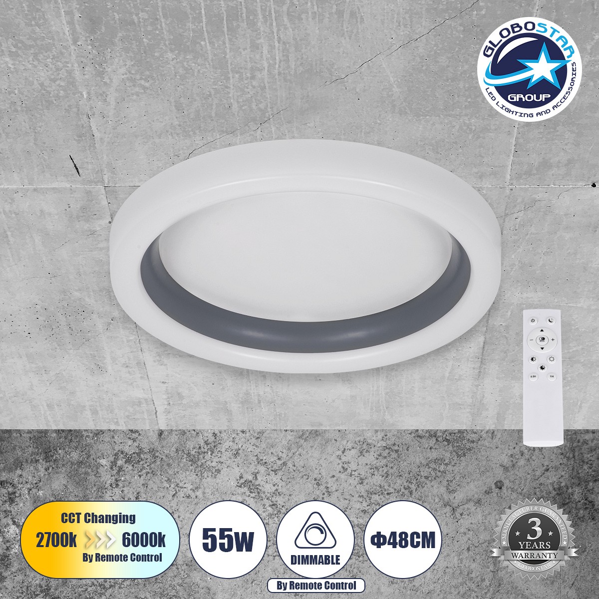 GLOBOSTAR® ARIANA 61036 Μοντέρνο Φωτιστικό Οροφής LED 55W 6376lm 120° AC 220-240V IP20 Ρυθμιζόμενο Λευκό CCT με Χειριστήριο από 2700K έως 6000K Dimmable - Lumileds SMD Chip - Γκρι - Μ48 x Π48 x Υ9cm - 3 Χρόνια Εγγύηση