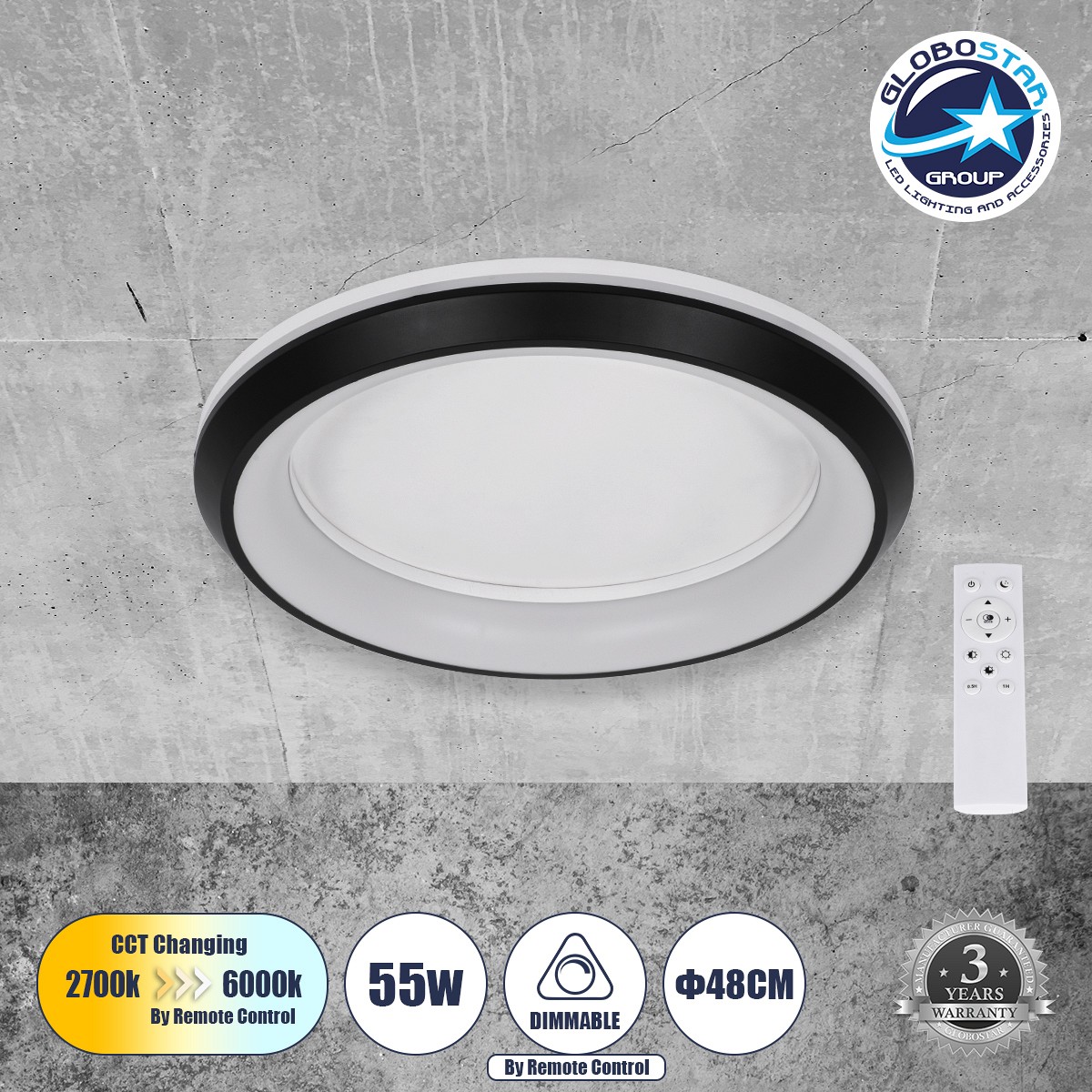 GLOBOSTAR® MELINA 61040 Μοντέρνο Φωτιστικό Οροφής LED 55W 6376lm 120° AC 220-240V IP20 Ρυθμιζόμενο Λευκό CCT με Χειριστήριο από 2700K έως 6000K Dimmable - Lumileds SMD Chip - Μαύρο Ματ - Μ48 x Π48 x Υ9cm - 3 Χρόνια Εγγύηση