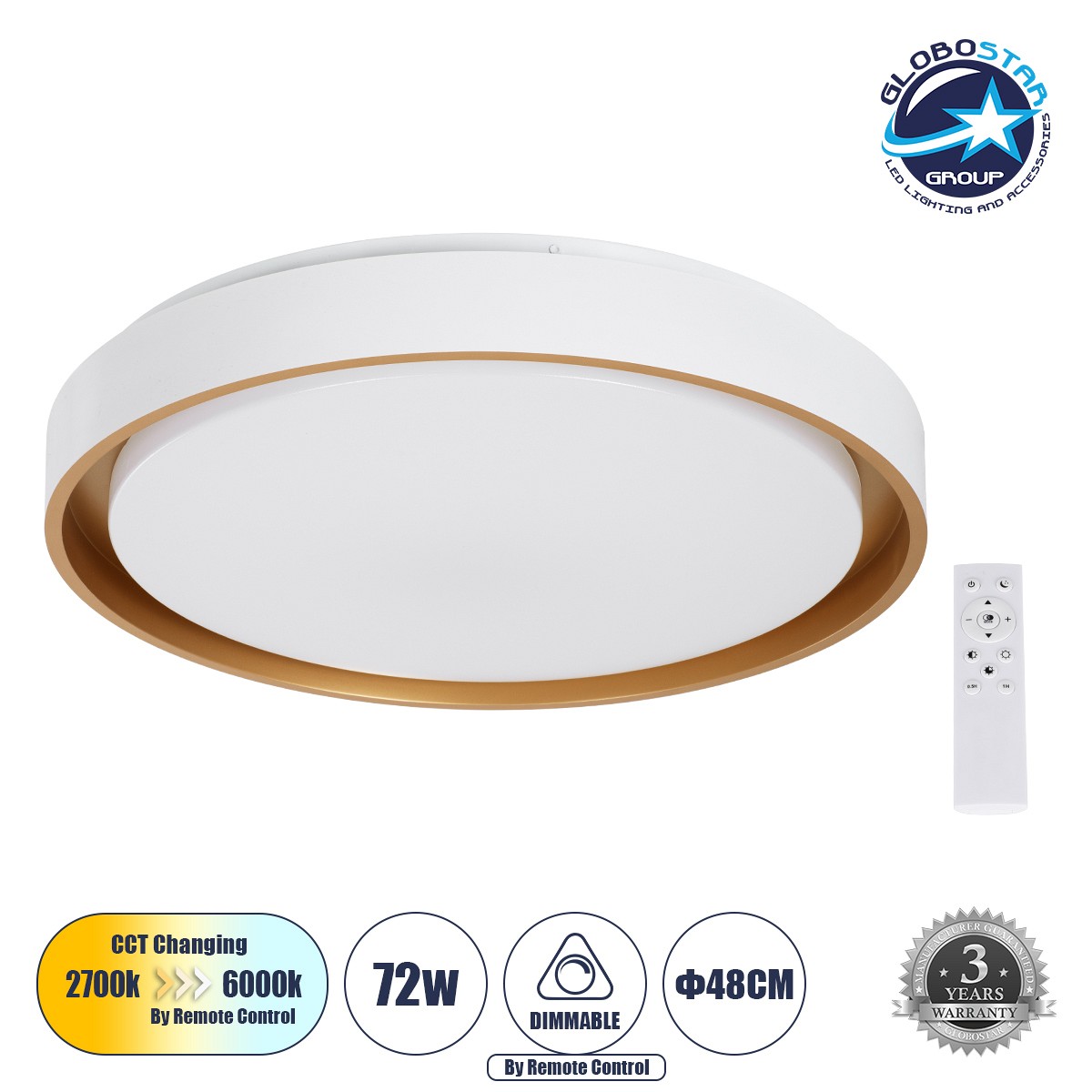GLOBOSTAR® BARCHETTA 61048-S Μοντέρνο Φωτιστικό Οροφής LED 72W 8306lm 120° AC 220-240V IP20 Ρυθμιζόμενο Λευκό CCT με Χειριστήριο από 2700K έως 6000K Dimmable - Lumileds SMD Chip - Λευκό Ματ & Χρυσό - Μ48 x Π48 x Υ8.2cm - 3 Χρόνια Εγγύηση