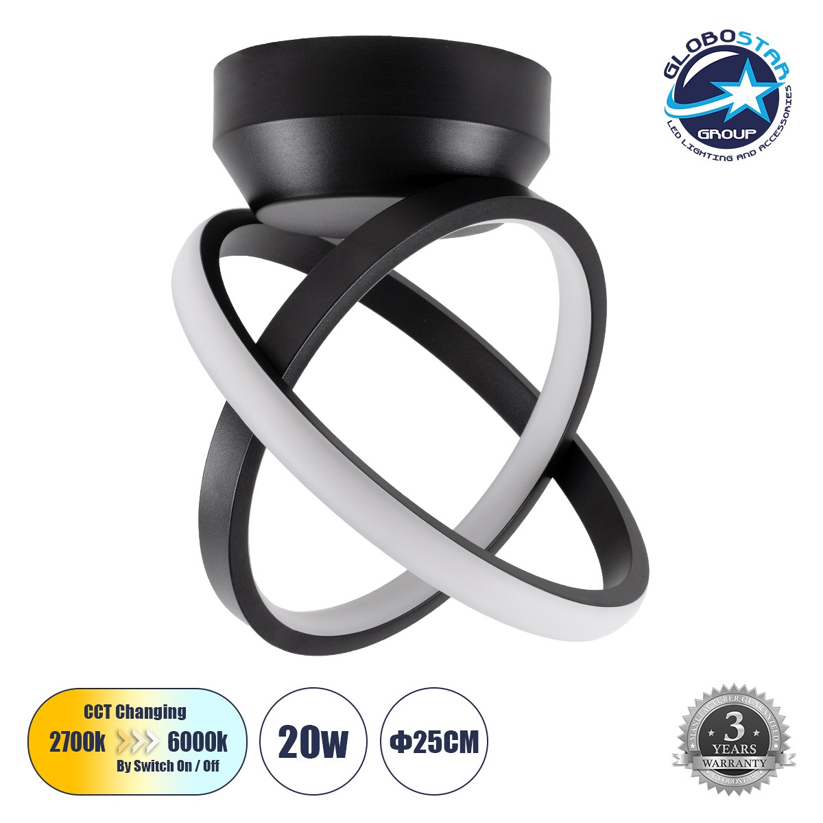 GLOBOSTAR® AMELIA 61052 Μοντέρνο Φωτιστικό Οροφής LED 20W 2400lm 300° AC 220-240V IP20 Ρυθμιζόμενο Λευκό CCT με On/Off 2700K/4500K/6000K - Lumileds SMD Chip - Μαύρο Ματ - Μ24.5 x Π16 x Υ25cm - 3 Χρόνια Εγγύηση