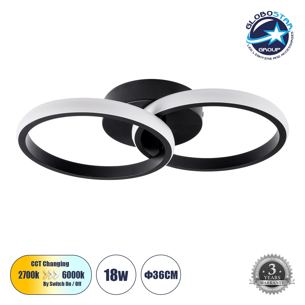 GLOBOSTAR® CORA 61058 Μοντέρνο Φωτιστικό Οροφής LED 18W 2160lm 300° AC 220-240V IP20 Ρυθμιζόμενο Λευκό CCT με On/Off 2700K/4500K/6000K - Lumileds SMD Chip - Μαύρο Ματ - Μ36 x Π20.5 x Υ7cm - 3 Χρόνια Εγγύηση