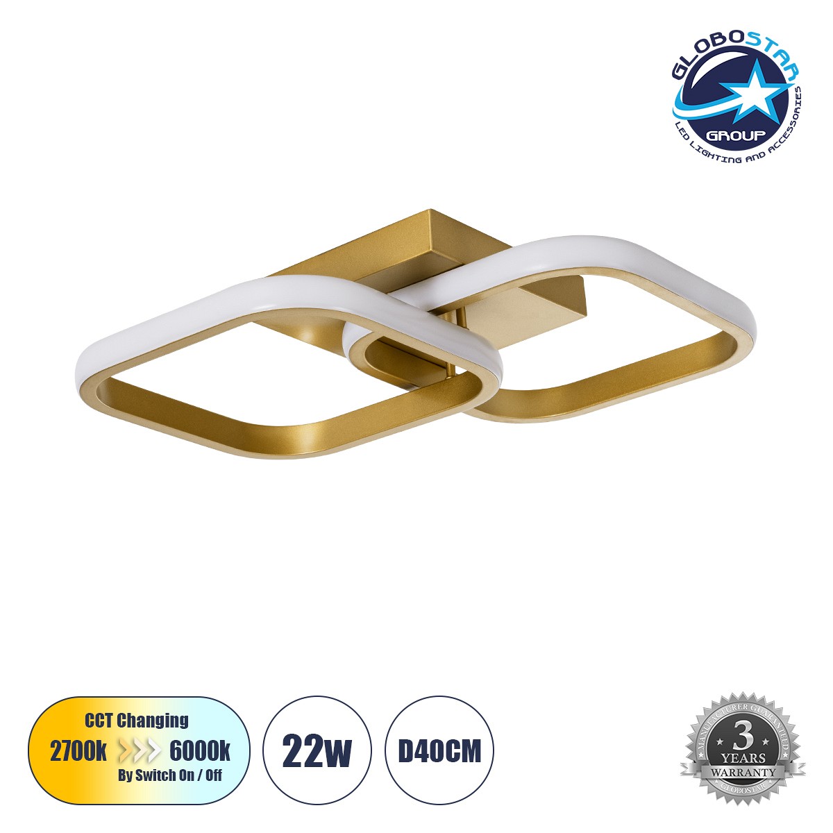 GLOBOSTAR® NORA 61063 Μοντέρνο Φωτιστικό Οροφής LED 22W 2640lm 300° AC 220-240V IP20 Ρυθμιζόμενο Λευκό CCT με On/Off 2700K/4500K/6000K - Lumileds SMD Chip - Χρυσό Βούρτσας - Μ40 x Π24 x Υ7cm - 3 Χρόνια Εγγύηση
