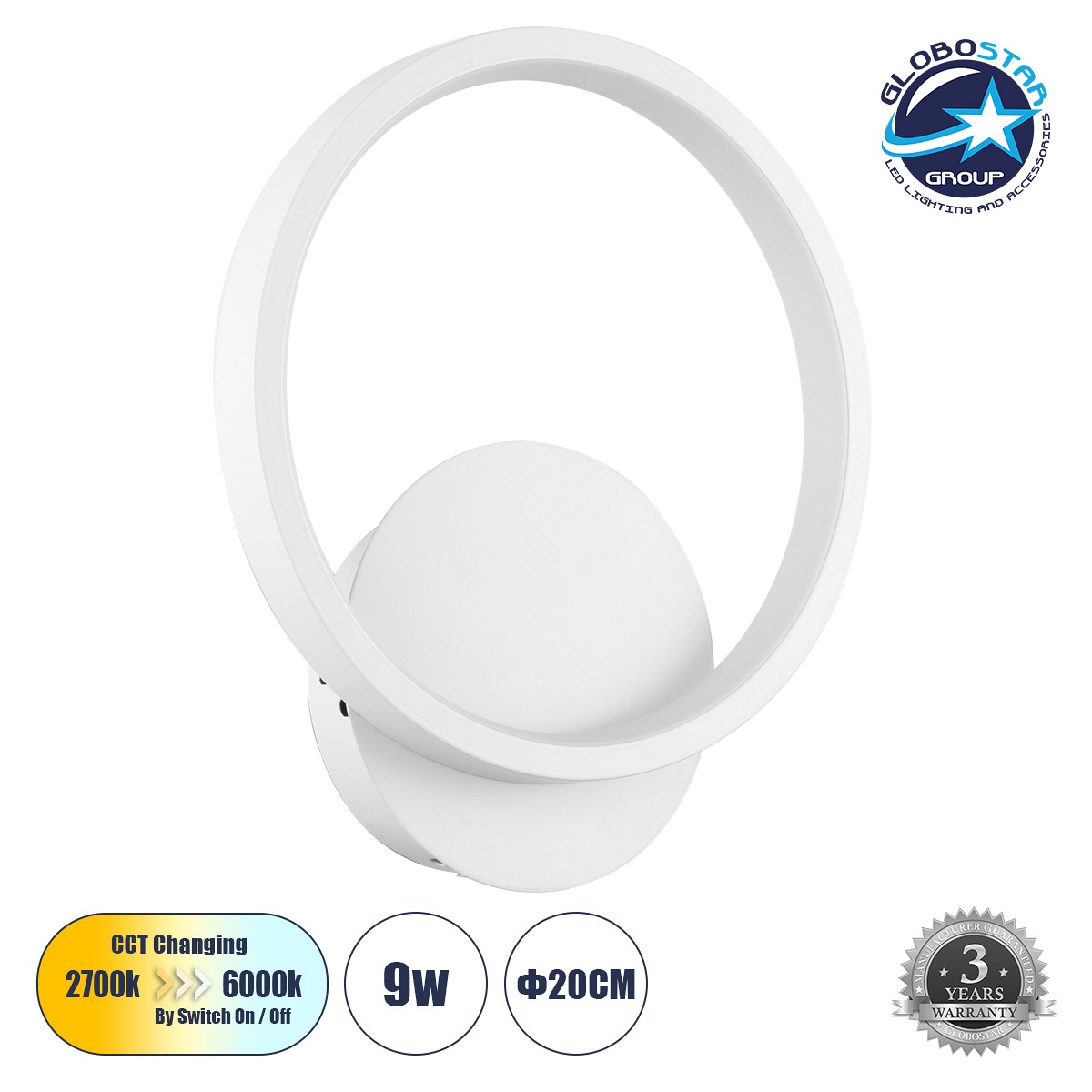 GLOBOSTAR® TED 61071 Μοντέρνο Φωτιστικό Τοίχου - Απλίκα LED 9W 1080lm 300° AC 220-240V IP20 Ρυθμιζόμενο Λευκό CCT με On/Off 2700K/4500K/6000K - Lumileds SMD Chip - Λευκό Ματ - Μ20 x Π5.5 x Υ23cm - 3 Χρόνια Εγγύηση