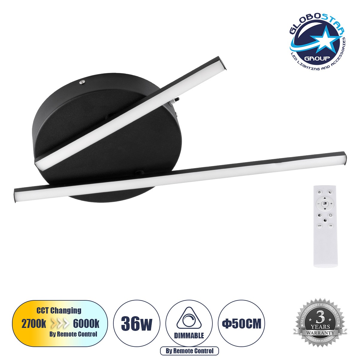 GLOBOSTAR® DRACO 61091 Μοντέρνο Φωτιστικό Οροφής LED 36W 4428lm 120° AC 220-240V IP20 Ρυθμιζόμενο Λευκό CCT με Χειριστήριο από 2700K έως 6000K Dimmable - Lumileds SMD Chip - Μαύρο Ματ - Μ50 x Π50 x Υ6cm - 3 Χρόνια Εγγύηση