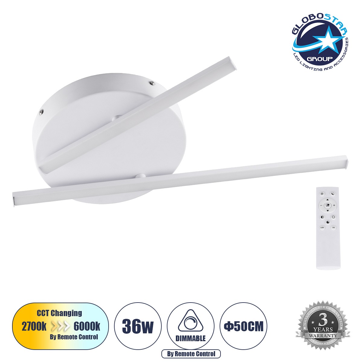 GLOBOSTAR® DRACO 61092 Μοντέρνο Φωτιστικό Οροφής LED 36W 4428lm 120° AC 220-240V IP20 Ρυθμιζόμενο Λευκό CCT με Χειριστήριο από 2700K έως 6000K Dimmable - Lumileds SMD Chip - Λευκό Ματ - Μ50 x Π50 x Υ6cm - 3 Χρόνια Εγγύηση