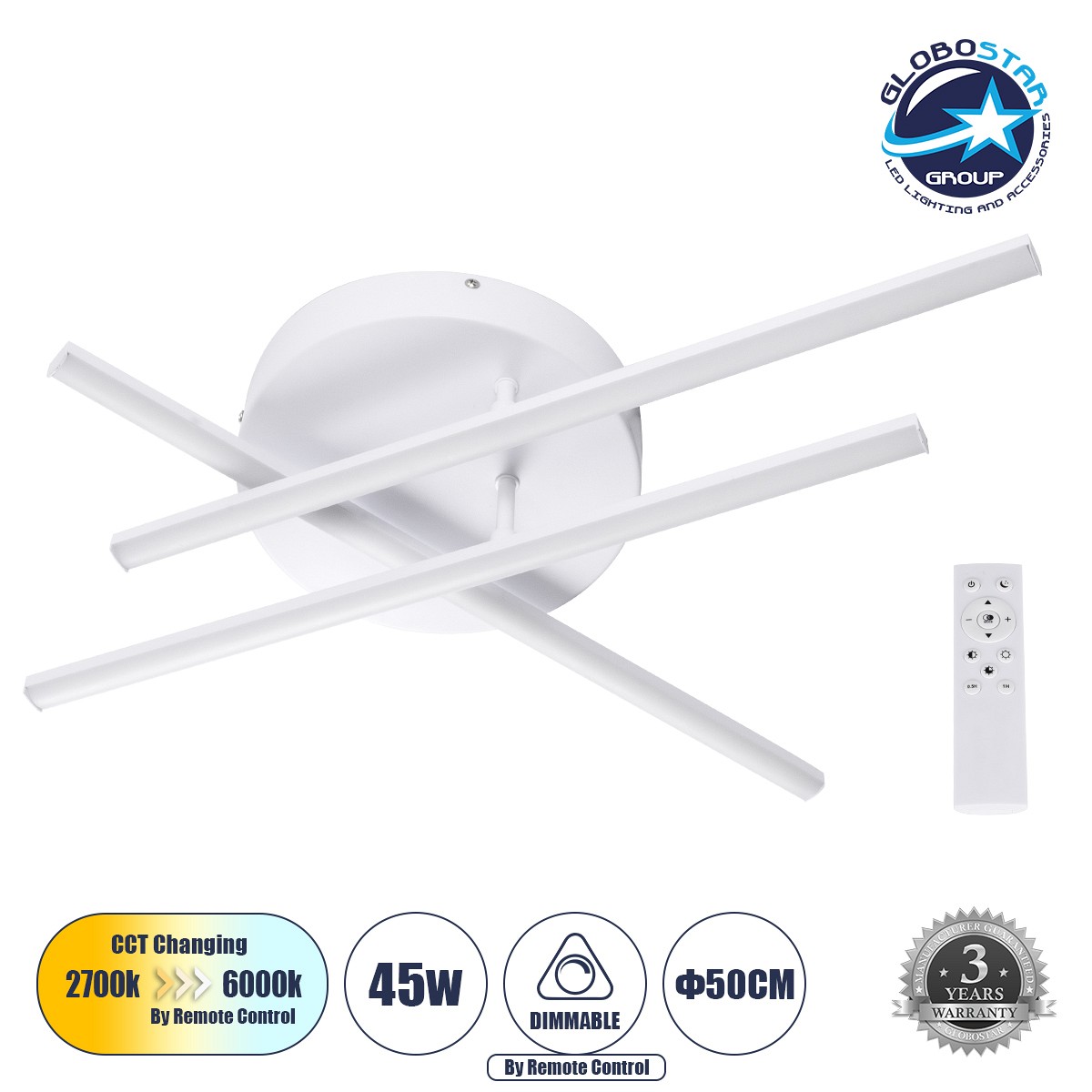 GLOBOSTAR® DRACO 61094 Μοντέρνο Φωτιστικό Οροφής LED 45W 5535lm 120° AC 220-240V IP20 Ρυθμιζόμενο Λευκό CCT με Χειριστήριο από 2700K έως 6000K Dimmable - Lumileds SMD Chip - Λευκό Ματ - Μ50 x Π50 x Υ11cm - 3 Χρόνια Εγγύηση