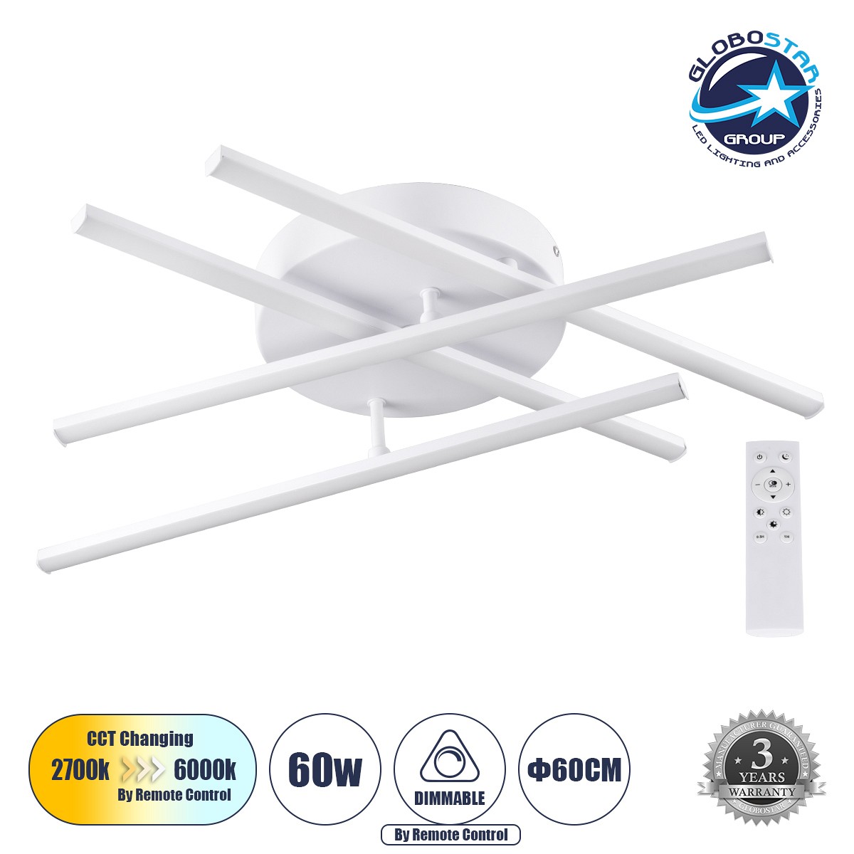 GLOBOSTAR® DRACO 61096 Μοντέρνο Φωτιστικό Οροφής LED 60W 7380lm 120° AC 220-240V IP20 Ρυθμιζόμενο Λευκό CCT με Χειριστήριο από 2700K έως 6000K Dimmable - Lumileds SMD Chip - Λευκό Ματ - Μ60 x Π60 x Υ11cm - 3 Χρόνια Εγγύηση