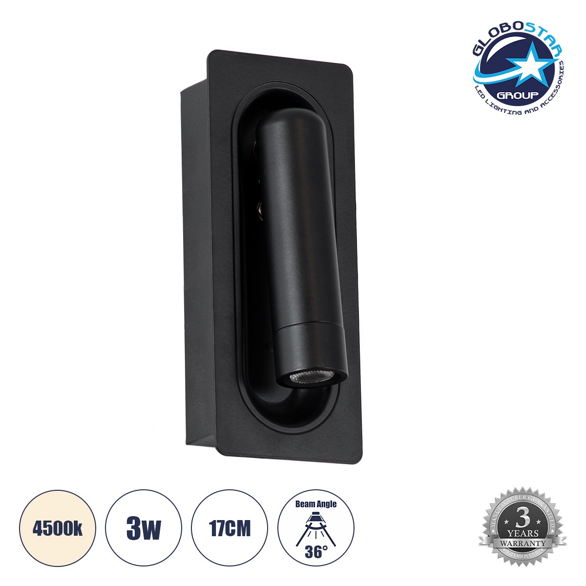 GLOBOSTAR® MANHATTAN 61097 Μοντέρνο Φωτιστικό Τοίχου - Απλίκα Ξενοδοχείου Reading Light LED 3W 405lm 36° AC 220-240V IP20 Φυσικό Λευκό 4500K - Bridgelux COB Chip & TÜV SÜD Driver - Μαύρο - Μ7 x Π7 x Υ17cm - 3 Χρόνια Εγγύηση