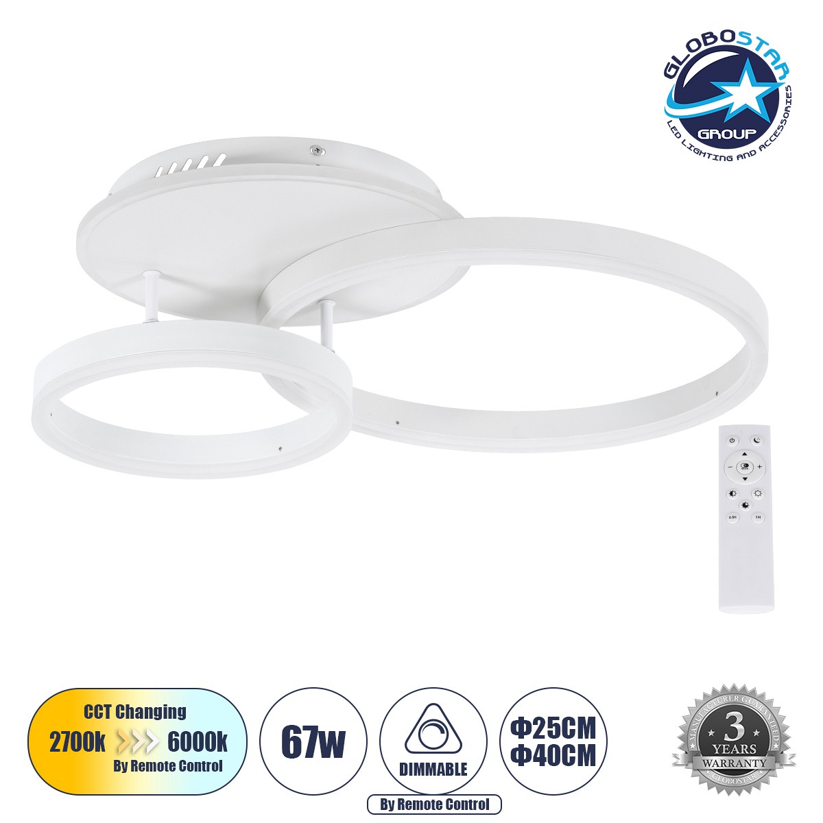 GLOBOSTAR® VENOM 61121 Μοντέρνο Φωτιστικό Οροφής LED 67W 8107lm 360° AC 220-240V IP20 Ρυθμιζόμενο Λευκό CCT με Χειριστήριο από 2700K έως 6000K Dimmable - Lumileds SMD Chip - Λευκό Ματ - Μ60 x Π40 x Υ12.5cm - 3 Χρόνια Εγγύηση