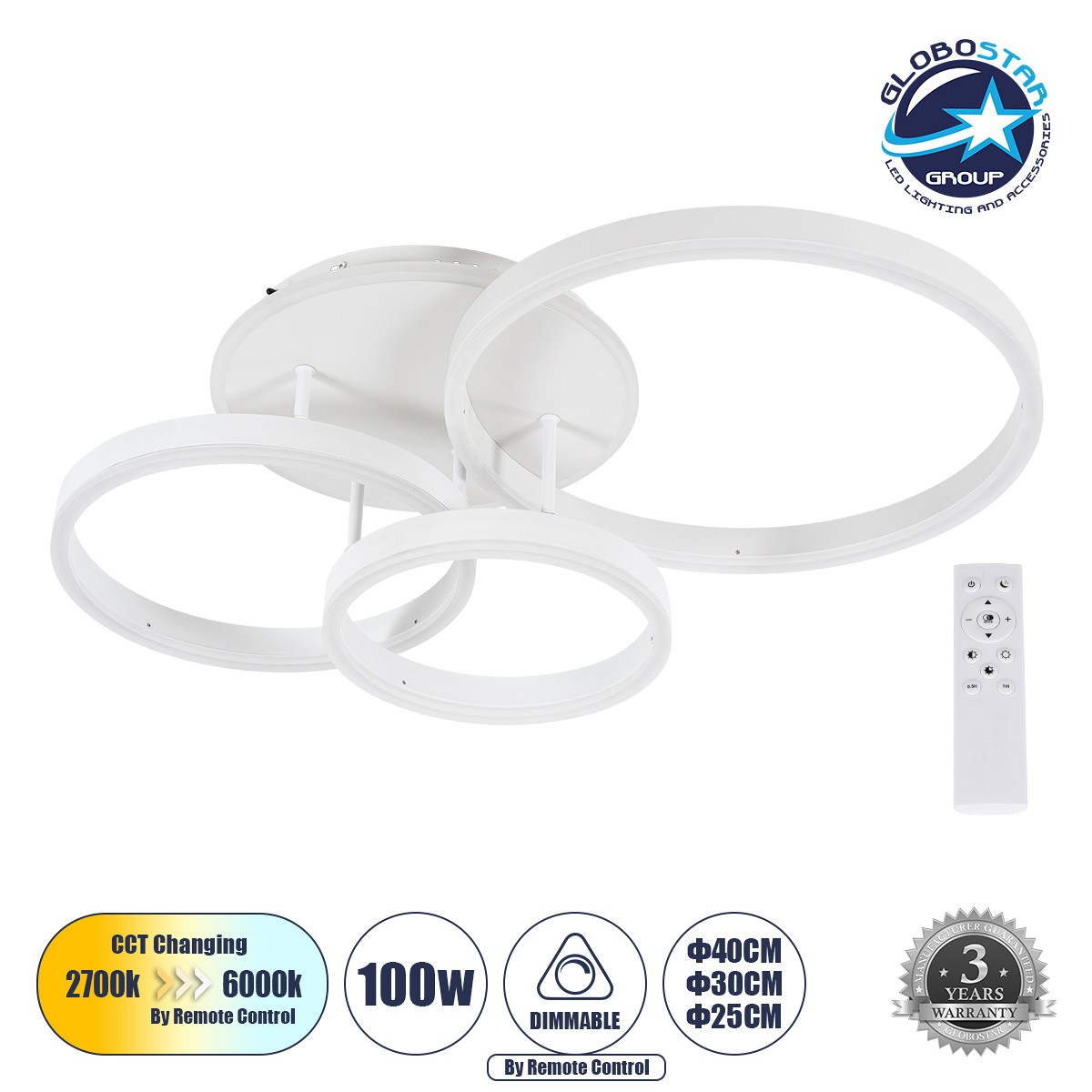 GLOBOSTAR® VENOM 61124 Μοντέρνο Φωτιστικό Οροφής LED 100W 12100lm 360° AC 220-240V IP20 Ρυθμιζόμενο Λευκό CCT με Χειριστήριο από 2700K έως 6000K Dimmable - Lumileds SMD Chip - Λευκό Ματ - Μ70 x Π40 x Υ16cm - 3 Χρόνια Εγγύηση