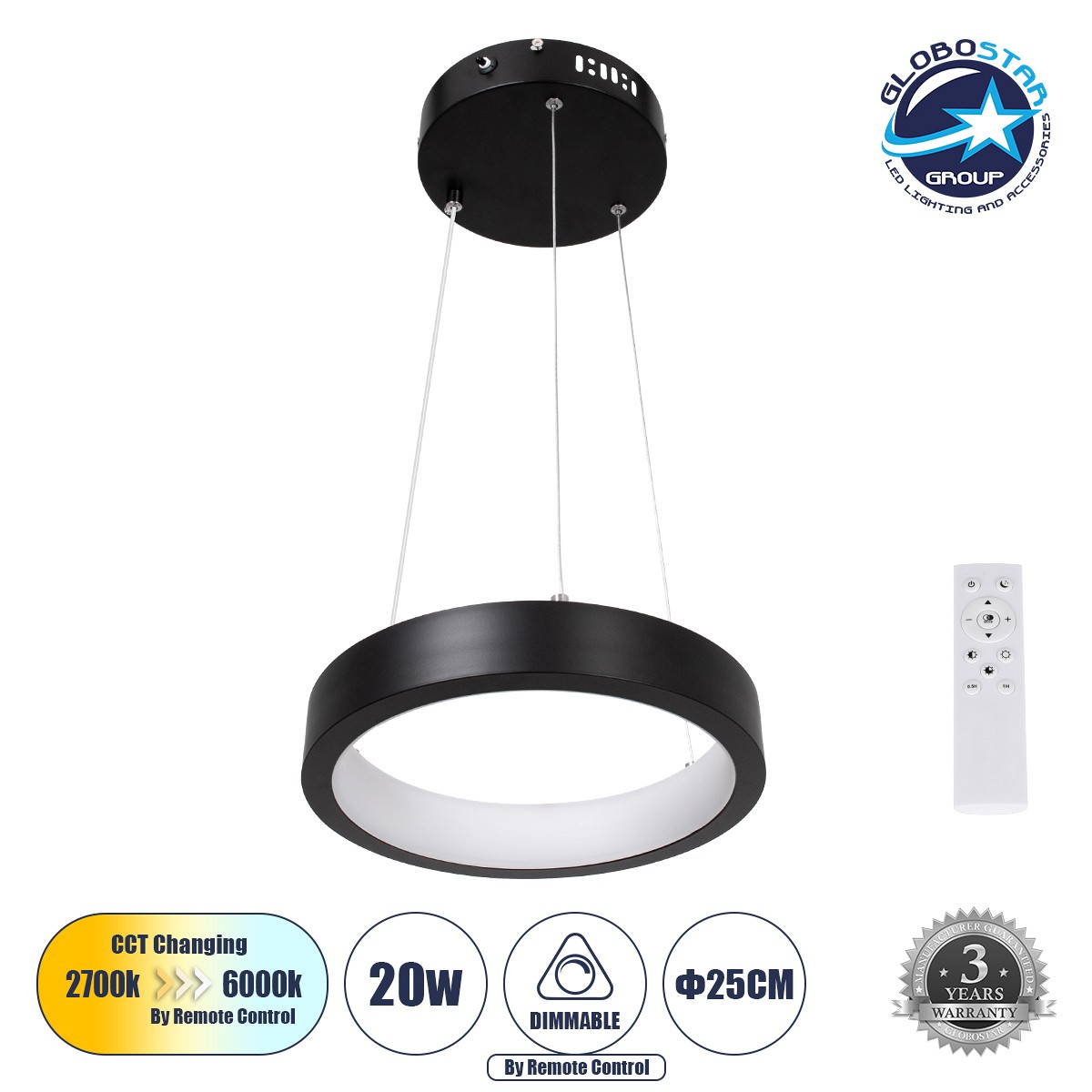 GLOBOSTAR® NEMESIS 61152 Μοντέρνο Κρεμαστό Φωτιστικό Οροφής LED 20W 2356lm 360° AC 220-240V IP20 Ρυθμιζόμενο Λευκό CCT με Χειριστήριο από 2700K έως 6000K Dimmable - Lumileds SMD Chip - Μαυρό Ματ - Μ25 x Π25 x Υ4cm - 3 Χρόνια Εγγύηση