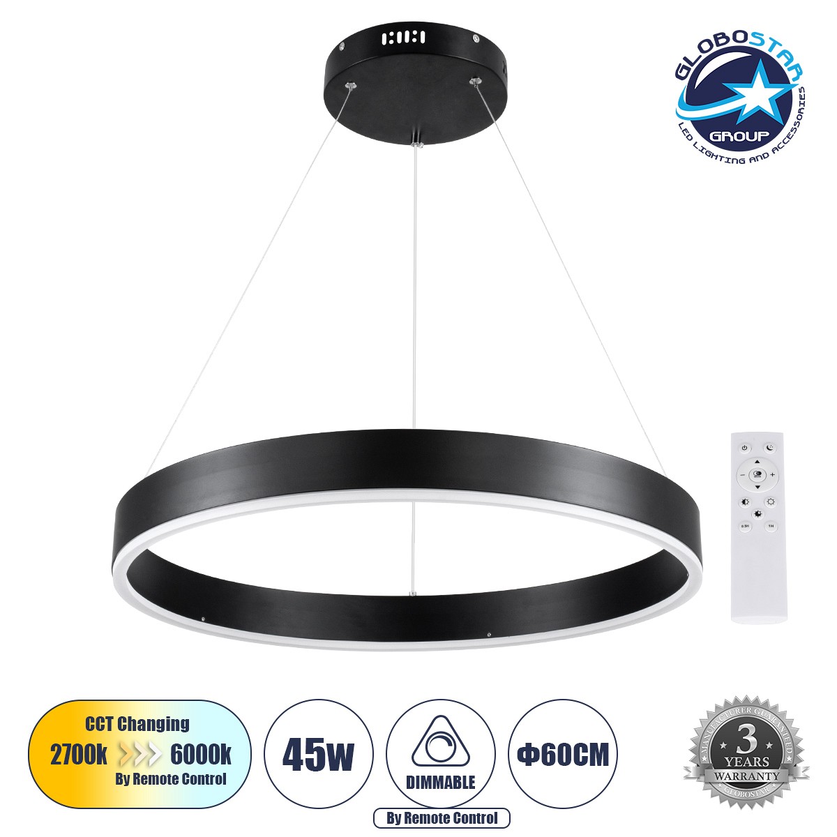 GLOBOSTAR® VENOM 61176 Μοντέρνο Κρεμαστό Φωτιστικό Οροφής LED 45W 5269lm 120° AC 220-240V IP20 Ρυθμιζόμενο Λευκό CCT με Χειριστήριο από 2700K έως 6000K Dimmable - Lumileds SMD Chip - Μαύρο Ματ - Μ60 x Π60 x Υ6.5cm - 3 Χρόνια Εγγύηση