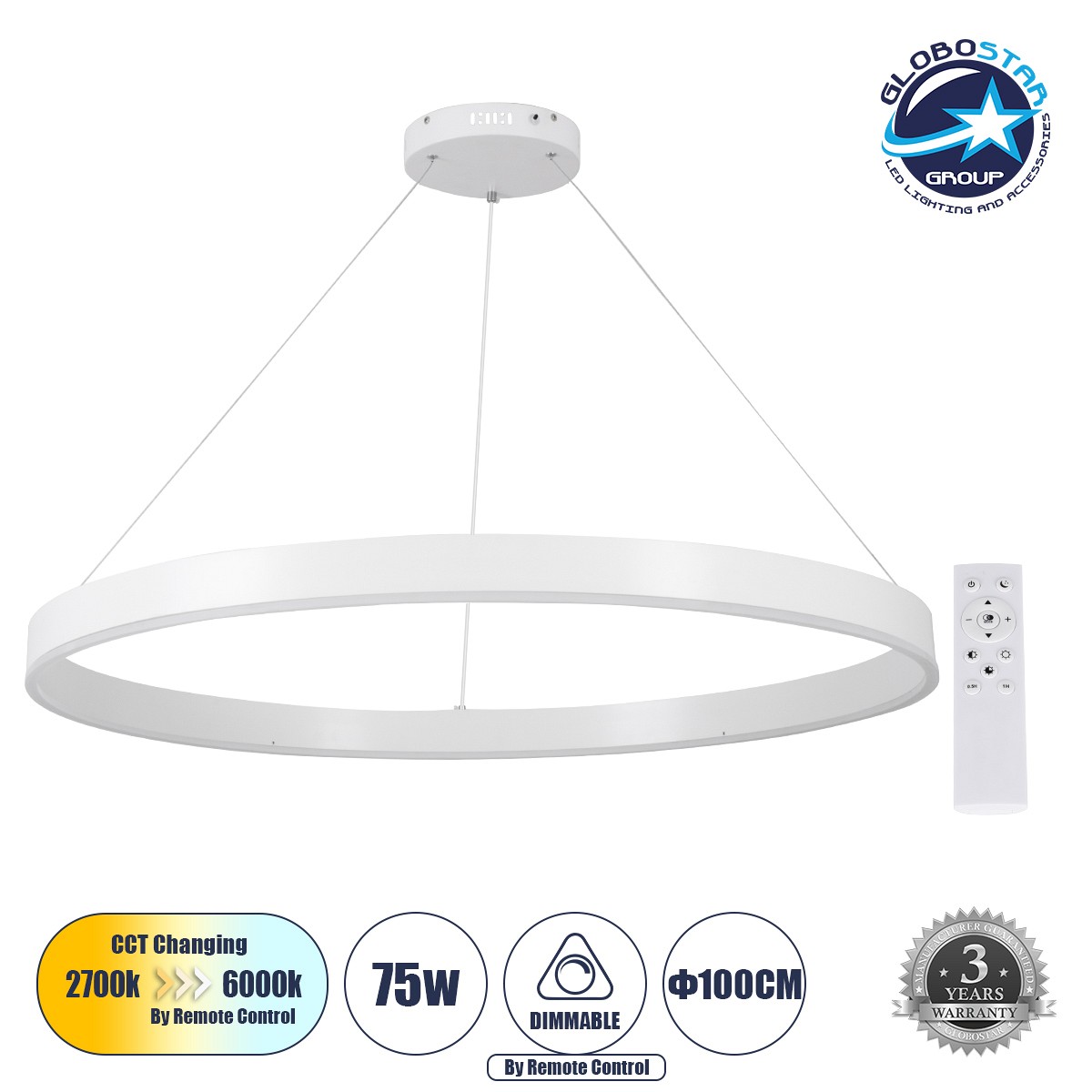 GLOBOSTAR® VENOM 61183 Μοντέρνο Κρεμαστό Φωτιστικό Οροφής LED 75W 8818lm 120° AC 220-240V IP20 Ρυθμιζόμενο Λευκό CCT με Χειριστήριο από 2700K έως 6000K Dimmable - Lumileds SMD Chip - Λευκό Ματ - Μ100 x Π100 x Υ6.5cm - 3 Χρόνια Εγγύηση