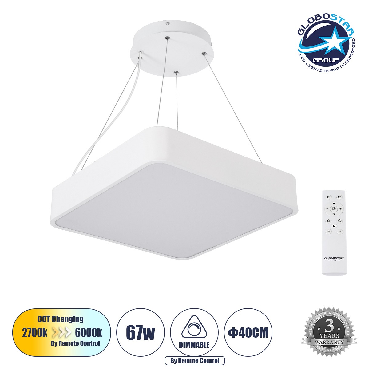 GLOBOSTAR® KAMALA 61207 Μοντέρνο Κρεμαστό Φωτιστικό Οροφής LED 67W 7370lm 120° AC 220-240V IP20 Ρυθμιζόμενο Λευκό CCT με Χειριστήριο από 2700K έως 6000K Dimmable - Lumileds SMD Chip - Λευκό Ματ - Μ40 x Π40 x Υ8cm - 3 Χρόνια Εγγύηση