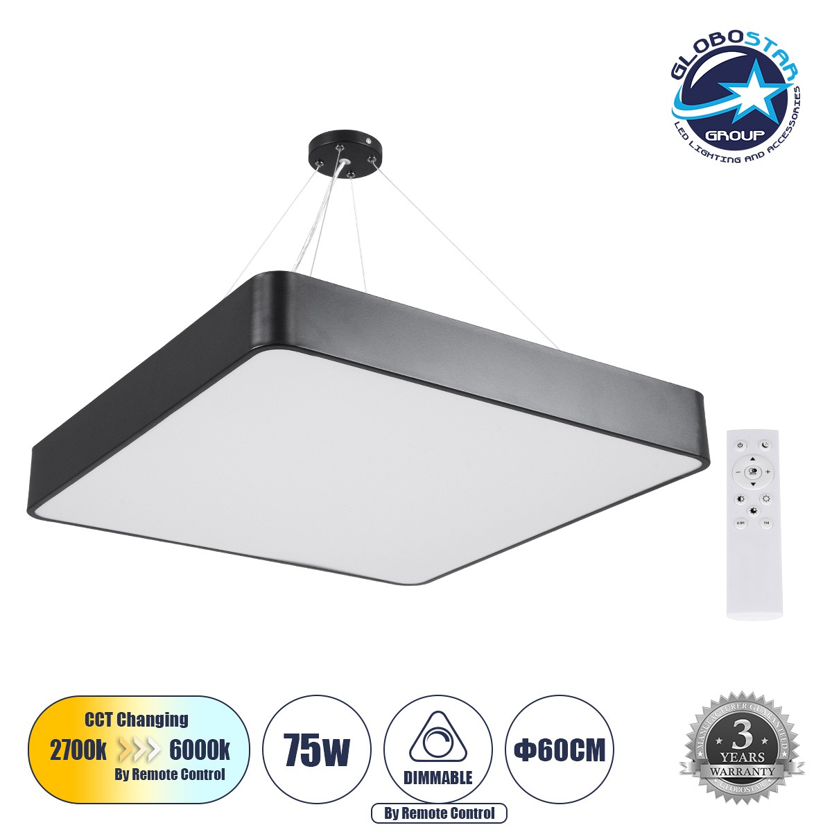 GLOBOSTAR® KAMALA 61208 Μοντέρνο Κρεμαστό Φωτιστικό Οροφής LED 75W 8625lm 120° AC 220-240V IP20 Ρυθμιζόμενο Λευκό CCT με Χειριστήριο από 2700K έως 6000K Dimmable - Lumileds SMD Chip - Μαύρο Ματ - Μ60 x Π60 x Υ8cm - 3 Χρόνια Εγγύηση