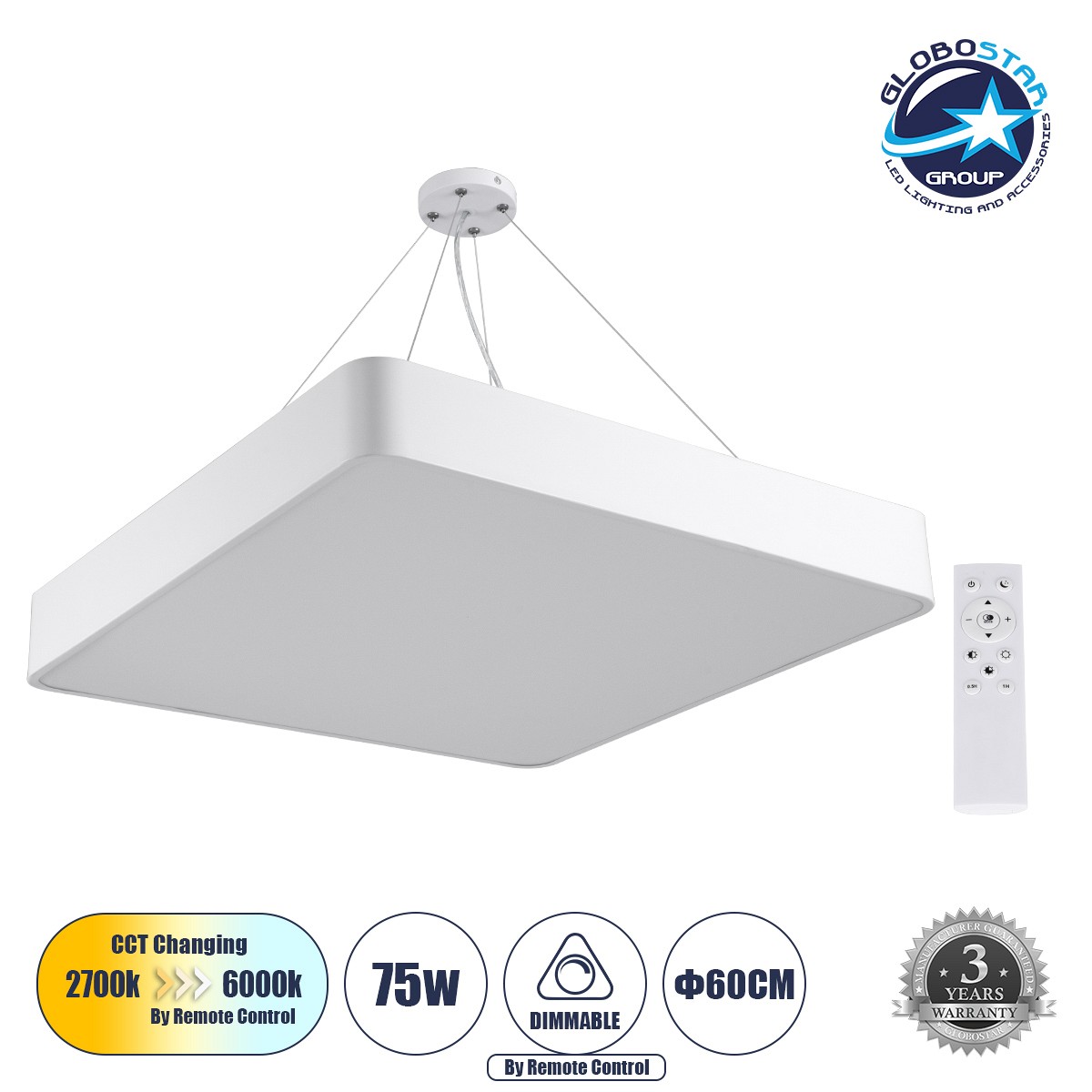 GLOBOSTAR® KAMALA 61209 Μοντέρνο Κρεμαστό Φωτιστικό Οροφής LED 75W 8625lm 120° AC 220-240V IP20 Ρυθμιζόμενο Λευκό CCT με Χειριστήριο από 2700K έως 6000K Dimmable - Lumileds SMD Chip - Λευκό Ματ - Μ60 x Π60 x Υ8cm - 3 Χρόνια Εγγύηση