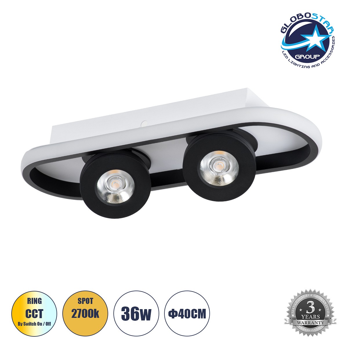 GLOBOSTAR® NESPO 61212 Μοντέρνο Φωτιστικό Οροφής LED 36W 4032lm 360° & 45° AC 220-240V IP20 Ρυθμιζόμενο Λευκό CCT με On/Off 2700K/4500K/6000K - Lumileds SMD Chip - Μαύρο Ματ - Μ40 x Π13 x Υ6.5cm - 3 Χρόνια Εγγύηση