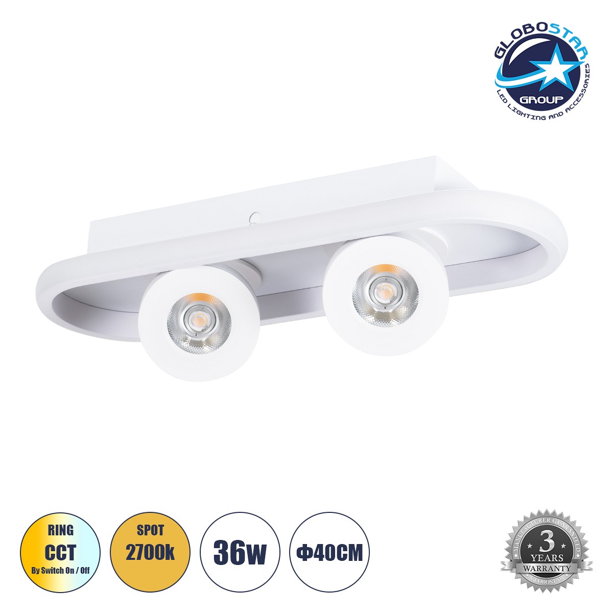 GLOBOSTAR® NESPO 61213 Μοντέρνο Φωτιστικό Οροφής LED 36W 4032lm 360° & 45° AC 220-240V IP20 Ρυθμιζόμενο Λευκό CCT με On/Off 2700K/4500K/6000K - Lumileds SMD Chip - Λευκό Ματ - Μ40 x Π13 x Υ6.5cm - 3 Χρόνια Εγγύηση