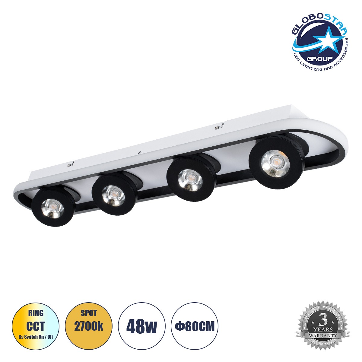GLOBOSTAR® NESPO 61214 Μοντέρνο Φωτιστικό Οροφής LED 48W 5376lm 360° & 45° AC 220-240V IP20 Ρυθμιζόμενο Λευκό CCT με On/Off 2700K/4500K/6000K - Lumileds SMD Chip - Μαύρο Ματ - Μ80 x Π13 x Υ6.5cm - 3 Χρόνια Εγγύηση