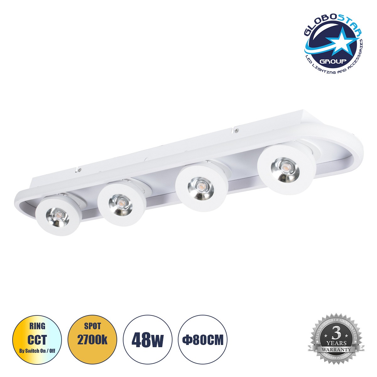 GLOBOSTAR® NESPO 61215 Μοντέρνο Φωτιστικό Οροφής LED 48W 5376lm 360° & 45° AC 220-240V IP20 Ρυθμιζόμενο Λευκό CCT με On/Off 2700K/4500K/6000K - Lumileds SMD Chip - Λευκό Ματ - Μ80 x Π13 x Υ6.5cm - 3 Χρόνια Εγγύηση