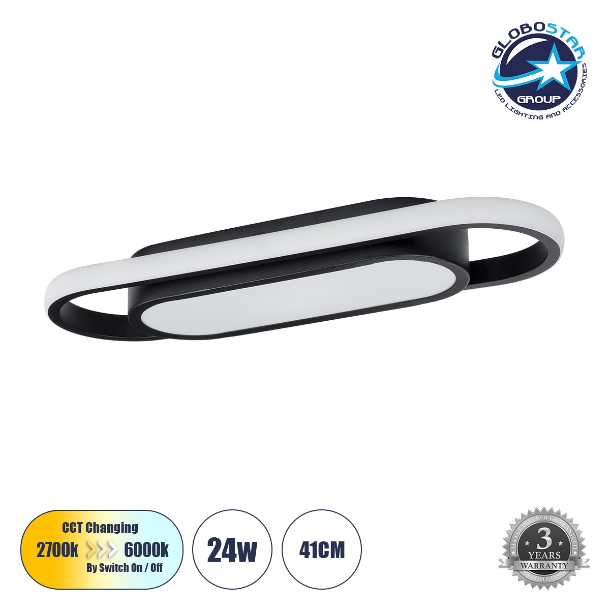 GLOBOSTAR® IGOR 61216 Μοντέρνο Φωτιστικό Οροφής LED 24W 2880lm 210° AC 220-240V IP20 Ρυθμιζόμενο Λευκό CCT με On/Off 2700K/4500K/6000K - Lumileds SMD Chip - Μαύρο Ματ - Μ41 x Π13 x Υ4.5cm - 3 Χρόνια Εγγύηση