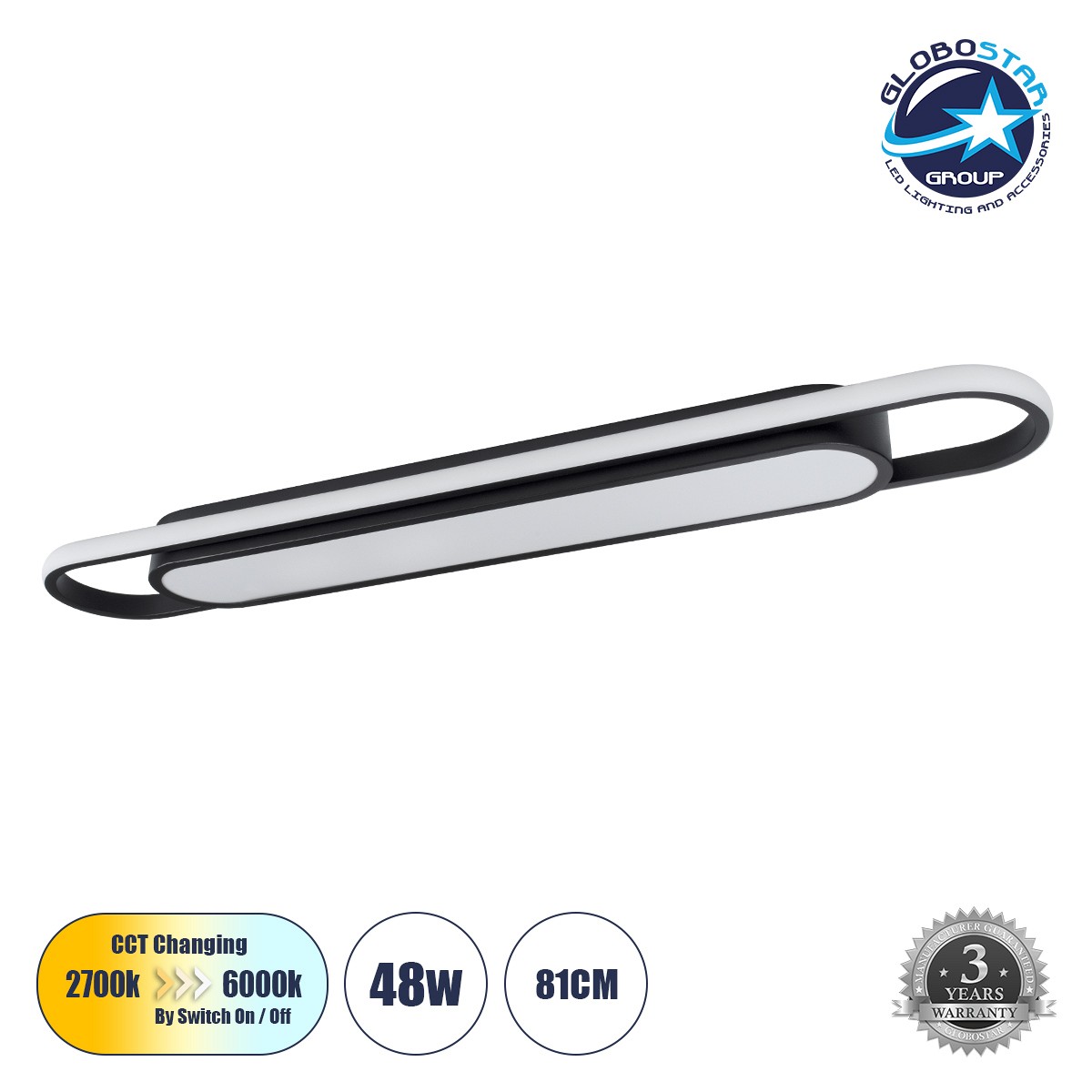 GLOBOSTAR® IGOR 61218 Μοντέρνο Φωτιστικό Οροφής LED 48W 5760lm 210° AC 220-240V IP20 Ρυθμιζόμενο Λευκό CCT με On/Off 2700K/4500K/6000K - Lumileds SMD Chip - Μαύρο Ματ - Μ81 x Π13 x Υ4.5cm - 3 Χρόνια Εγγύηση