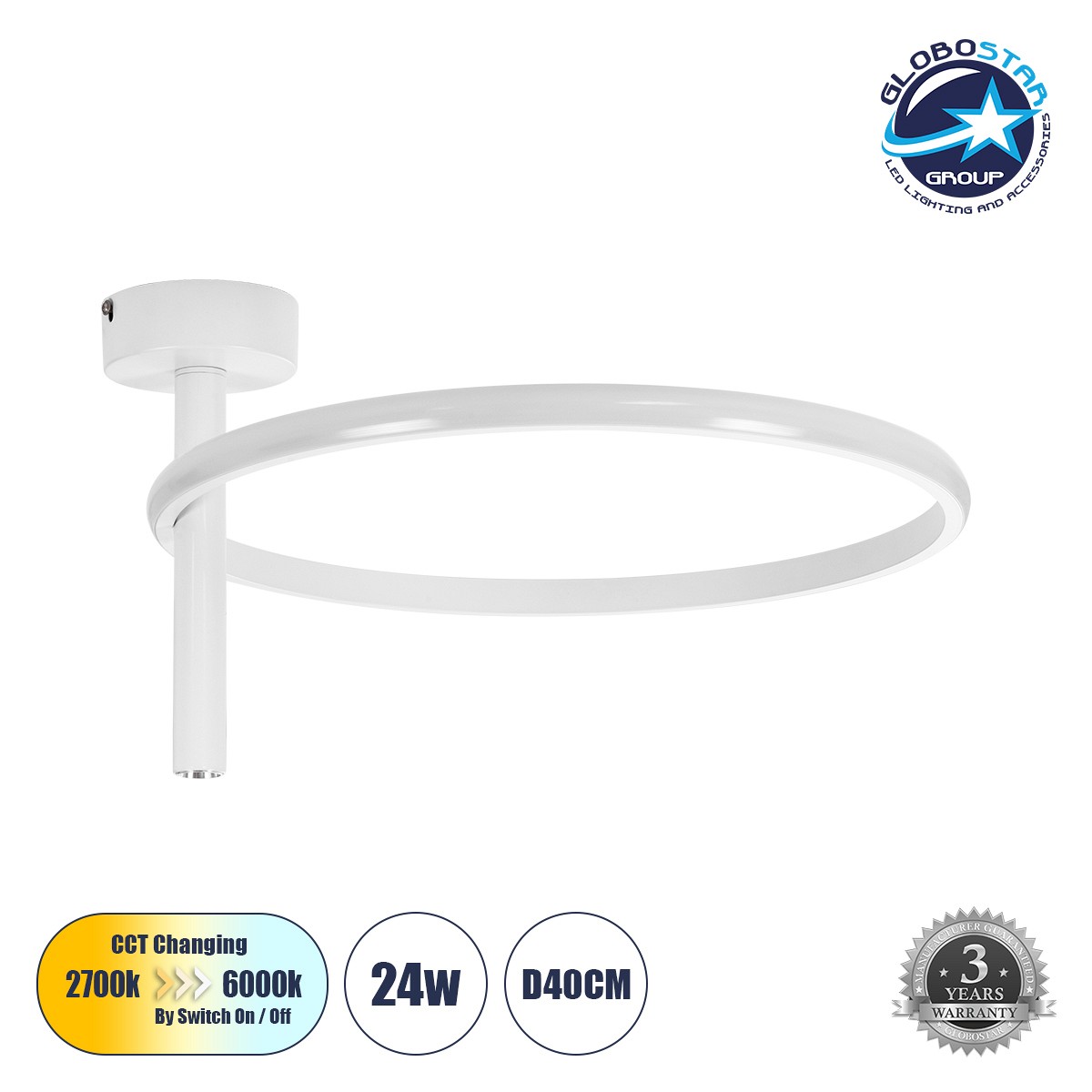 GLOBOSTAR® VERONA 61221 Μοντέρνο Φωτιστικό Οροφής LED 24W 2688lm 360° AC 220-240V IP20 Ρυθμιζόμενο Λευκό CCT με On/Off 2700K/4500K/6000K - Lumileds SMD Chip - Λευκό Ματ - Μ40 x Π40 x Υ23cm - 3 Χρόνια Εγγύηση