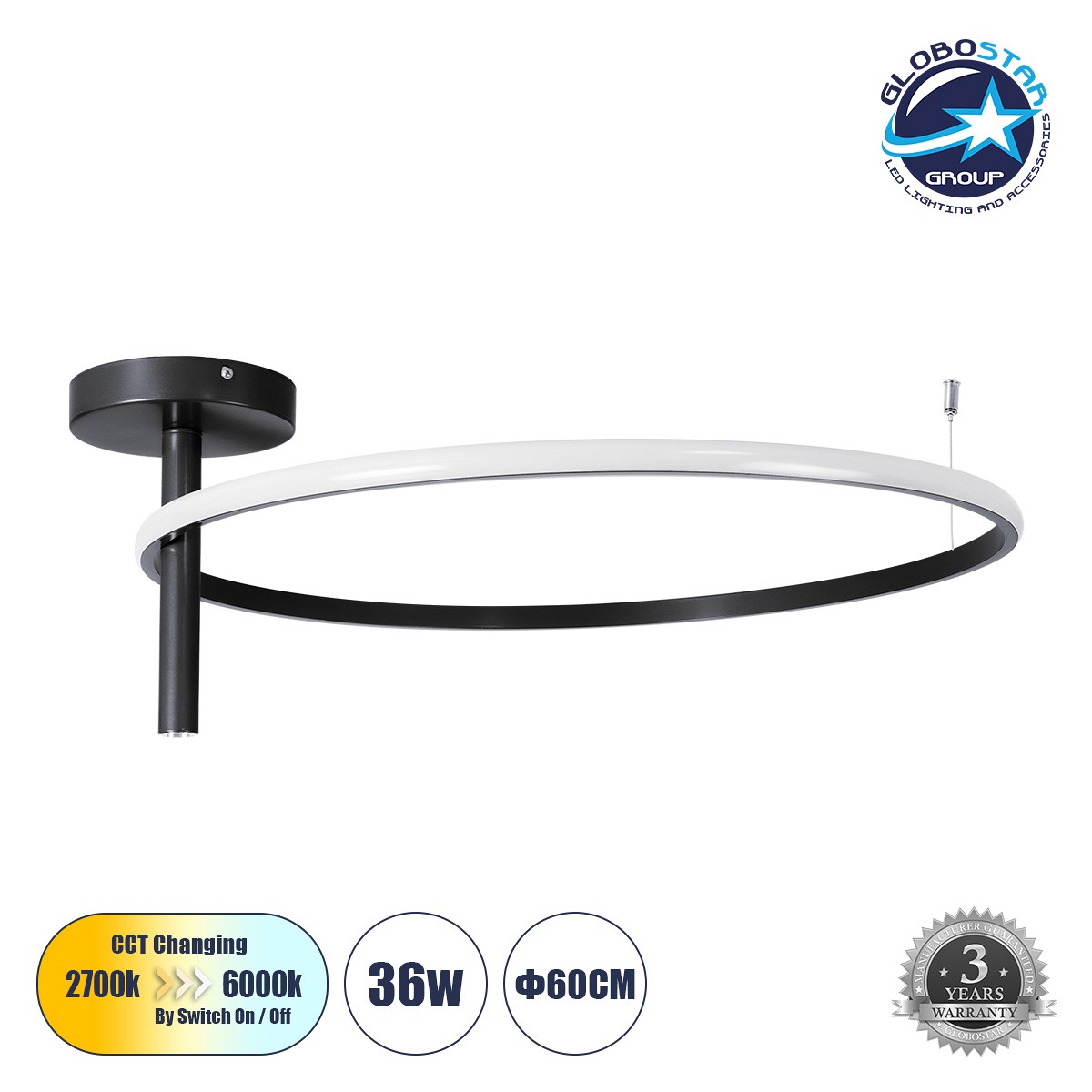 GLOBOSTAR® VERONA 61223 Μοντέρνο Φωτιστικό Οροφής LED 36W 4032lm 360° AC 220-240V IP20 Ρυθμιζόμενο Λευκό CCT με On/Off 2700K/4500K/6000K - Lumileds SMD Chip - Μαύρο Ματ - Μ60 x Π60 x Υ23cm - 3 Χρόνια Εγγύηση