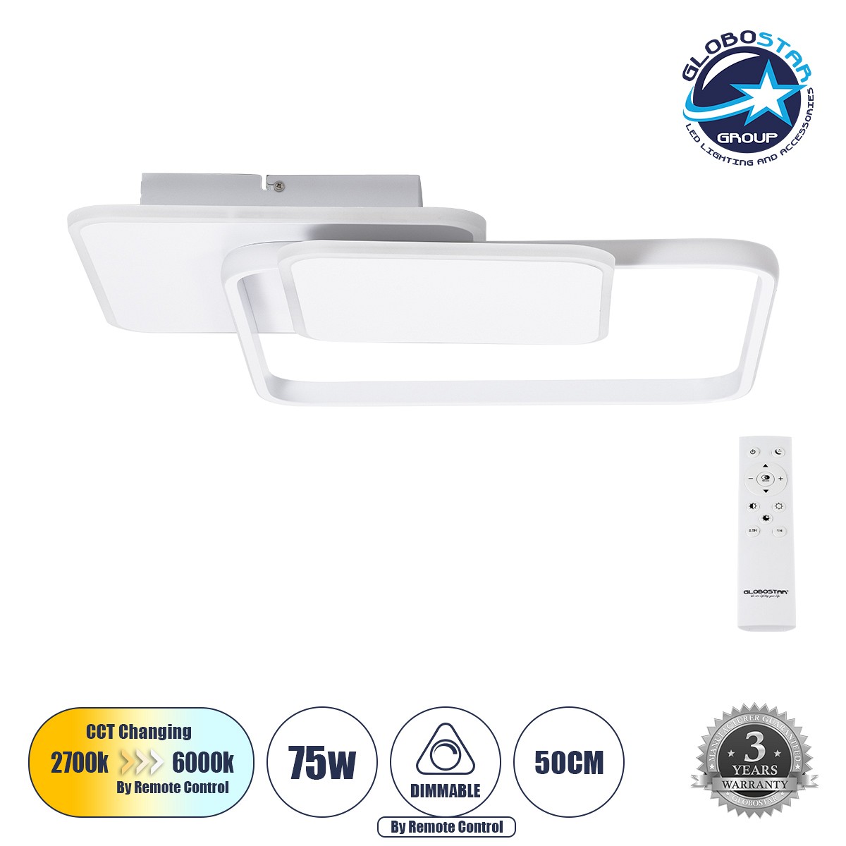 GLOBOSTAR® SQUARO 61232 Μοντέρνο Φωτιστικό Οροφής LED 75W 8400lm 360° AC 220-240V IP20 Ρυθμιζόμενο Λευκό CCT με Χειριστήριο από 2700K έως 6000K Dimmable - Lumileds SMD Chip - Λευκό Ματ - Μ48.5 x Π51 x Υ9cm - 3 Χρόνια Εγγύηση