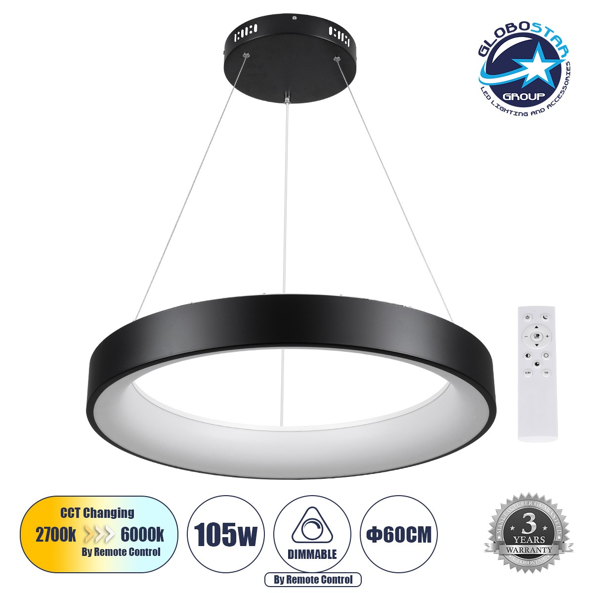 GLOBOSTAR® SALEM 61245 Μοντέρνο Κρεμαστό Φωτιστικό Οροφής LED 105W 12075lm 120° AC 220-240V IP20 Ρυθμιζόμενο Λευκό CCT με Χειριστήριο από 2700K έως 6000K Dimmable - Lumileds SMD Chip - Μαύρο Ματ - Μ60 x Π60 x Υ6cm - 3 Χρόνια Εγγύηση