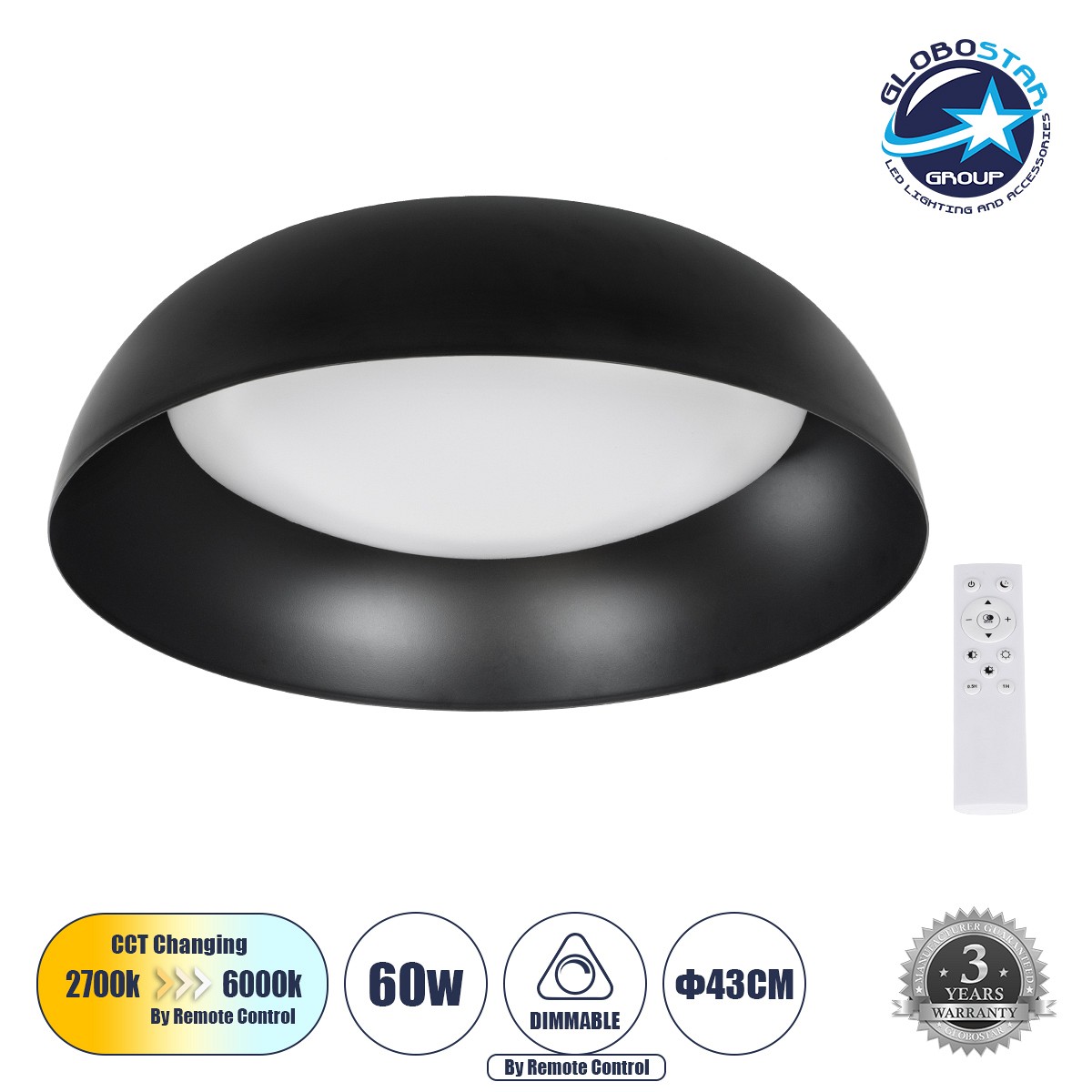 GLOBOSTAR® ANATOLIA 61261 Μοντέρνο Φωτιστικό Οροφής LED 60W 6900lm 120° AC 220-240V IP20 Ρυθμιζόμενο Λευκό CCT με Χειριστήριο από 2700K έως 6000K Dimmable - Lumileds SMD Chip - Μαύρο Ματ - Μ43 x Π43 x Υ11cm - 3 Χρόνια Εγγύηση