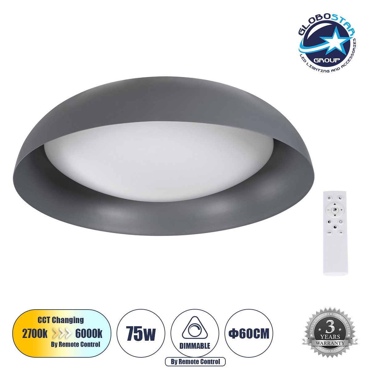 GLOBOSTAR® ANATOLIA 61265 Μοντέρνο Φωτιστικό Οροφής LED 75W 8625lm 120° AC 220-240V IP20 Ρυθμιζόμενο Λευκό CCT με Χειριστήριο από 2700K έως 6000K Dimmable - Lumileds SMD Chip - Γκρι - Μ60 x Π60 x Υ13cm - 3 Χρόνια Εγγύηση