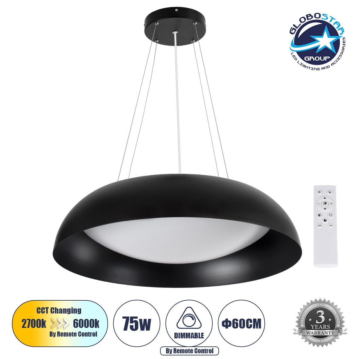 GLOBOSTAR® ANATOLIA 61269 Μοντέρνο Κρεμαστό Φωτιστικό Οροφής LED 75W 8625lm 120° AC 220-240V IP20 Ρυθμιζόμενο Λευκό CCT με Χειριστήριο από 2700K έως 6000K Dimmable - Lumileds SMD Chip - Μαύρο Ματ - Μ60 x Π60 x Υ12.5cm - 3 Χρόνια Εγγύηση