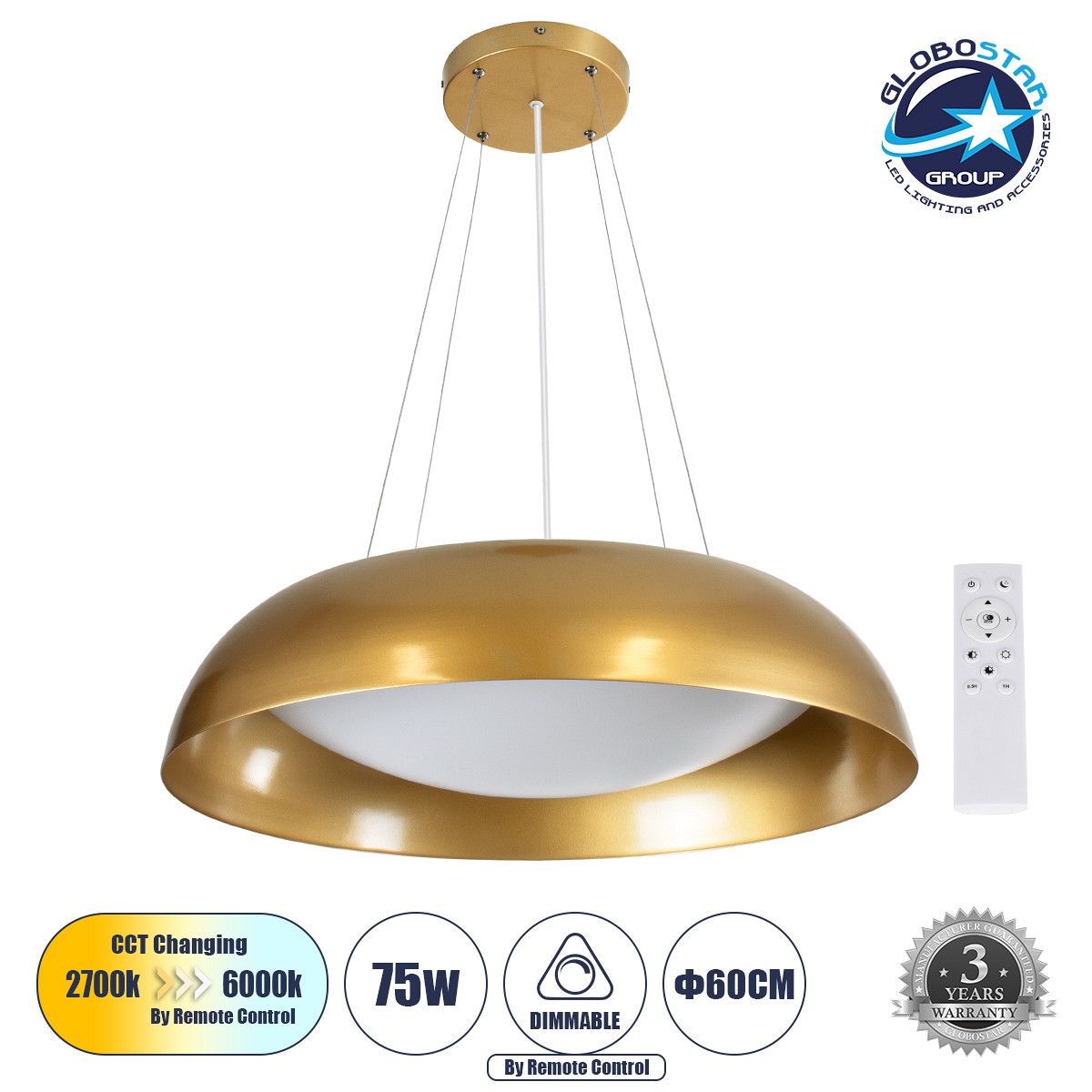 GLOBOSTAR® ANATOLIA 61270 Μοντέρνο Κρεμαστό Φωτιστικό Οροφής LED 75W 8625lm 120° AC 220-240V IP20 Ρυθμιζόμενο Λευκό CCT με Χειριστήριο από 2700K έως 6000K Dimmable - Lumileds SMD Chip - Χρυσό - Μ60 x Π60 x Υ12.5cm - 3 Χρόνια Εγγύηση